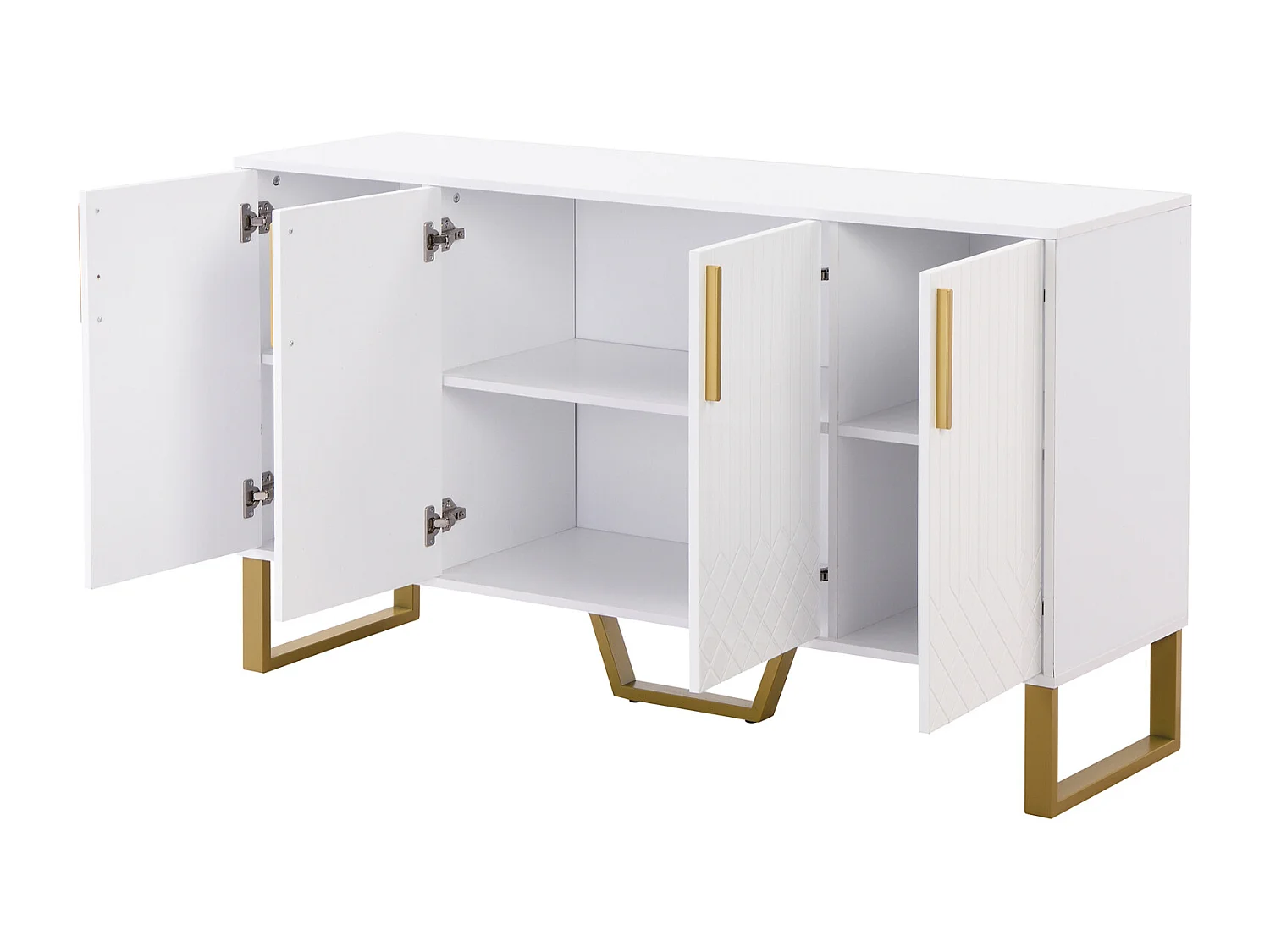 Aparador 140x40x80cm - mueble con 4 puertas, patas de metal, blanco brillo, diseño geométrico