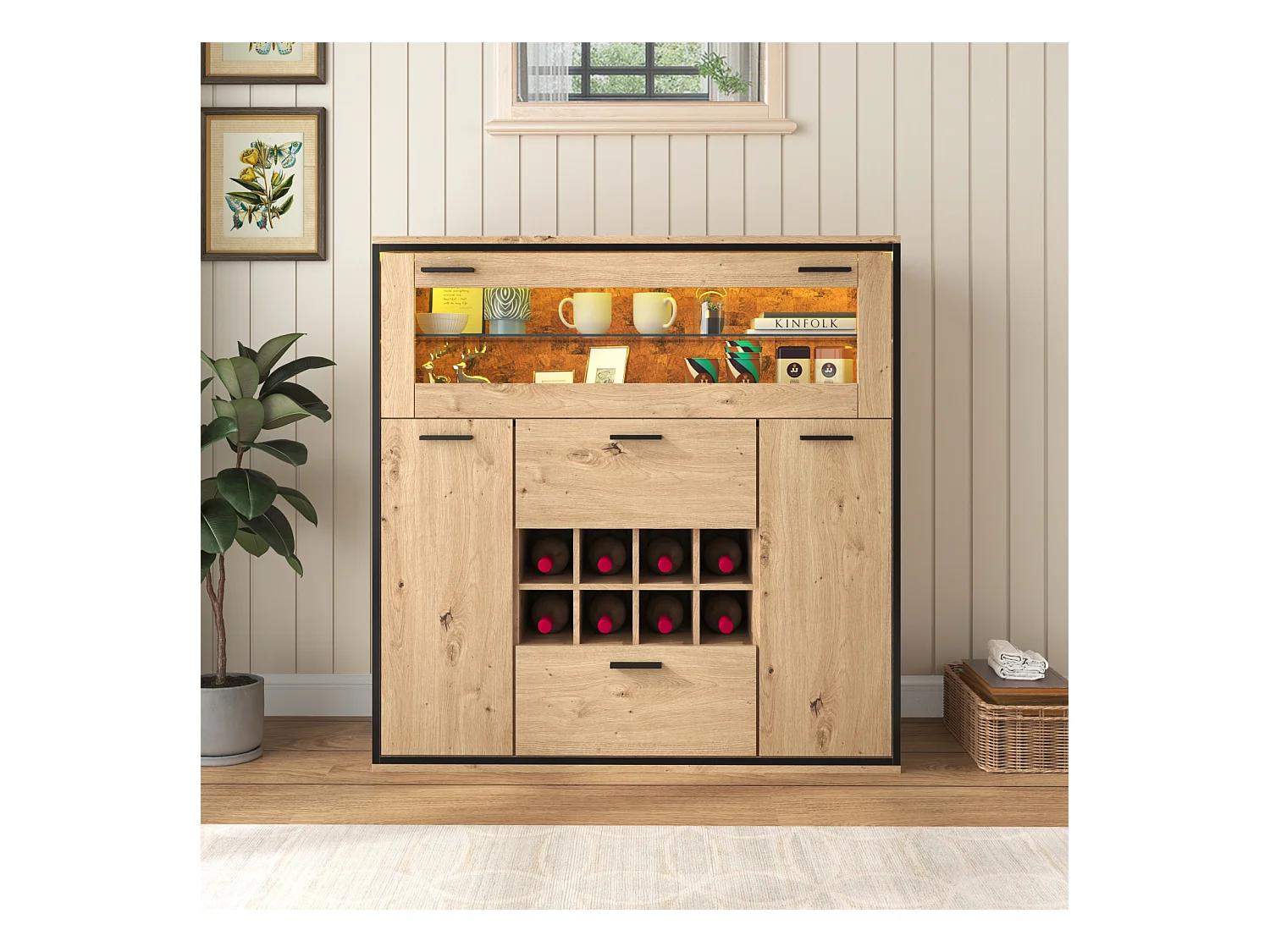 Buffet de rangement, Elégante armoire à vin avec portes doubles, étagère en verre et support pour le vin - Rangement parfait
