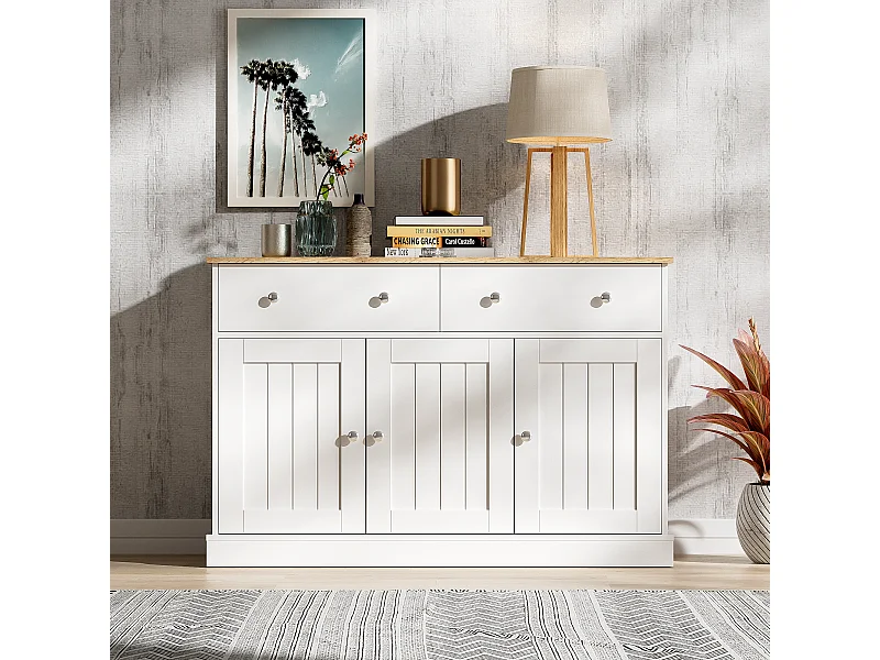 Dressoir 120x36x80,5cm - woonkamermeubel met gegraveerde textuur, push-open mechanisme - Wit