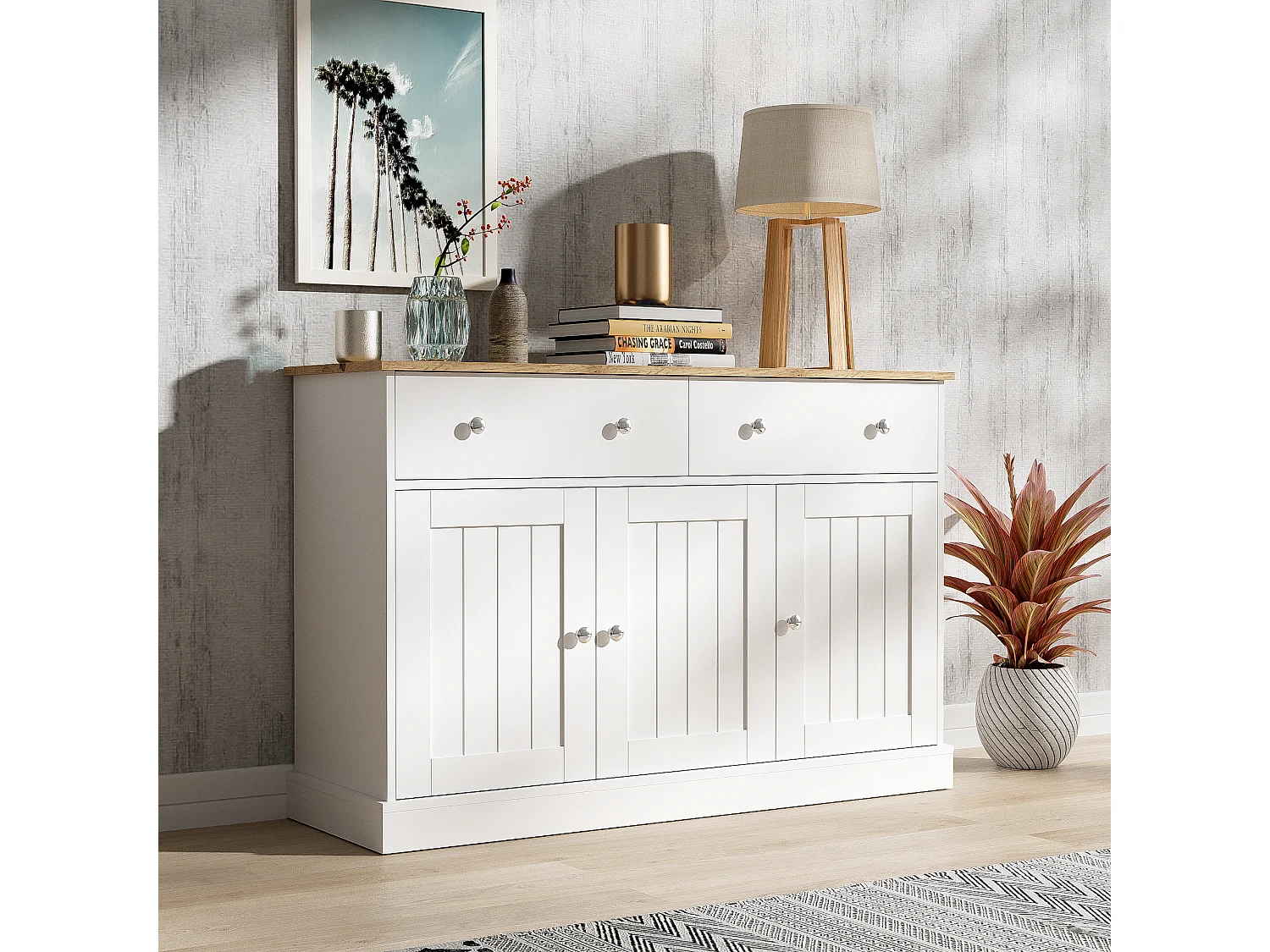 Aparador 120x36x80,5cm - Mueble de salón con textura grabada, mecanismo push-open - Blanco