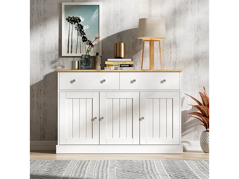 Credenza 120x36x80,5cm - mobile soggiorno con texture incisa, meccanismo push-open - Bianco