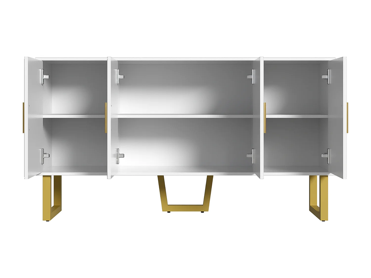 Dressoir 150x40x82cm - Kast met 4 glanzende structuurdeuren en gouden handgrepen, in hoogte verstelbare planken - Wit