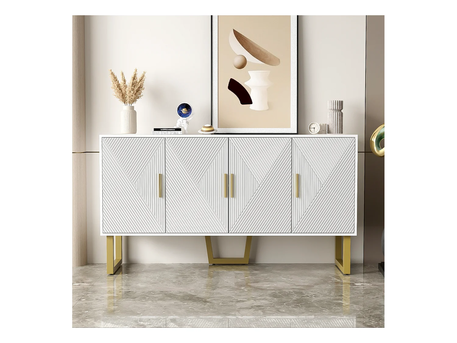 Buffet 150x40x82cm - Armoire avec 4 portes texturées brillantes et poignées dorées, étagères réglables en hauteur - Blanc