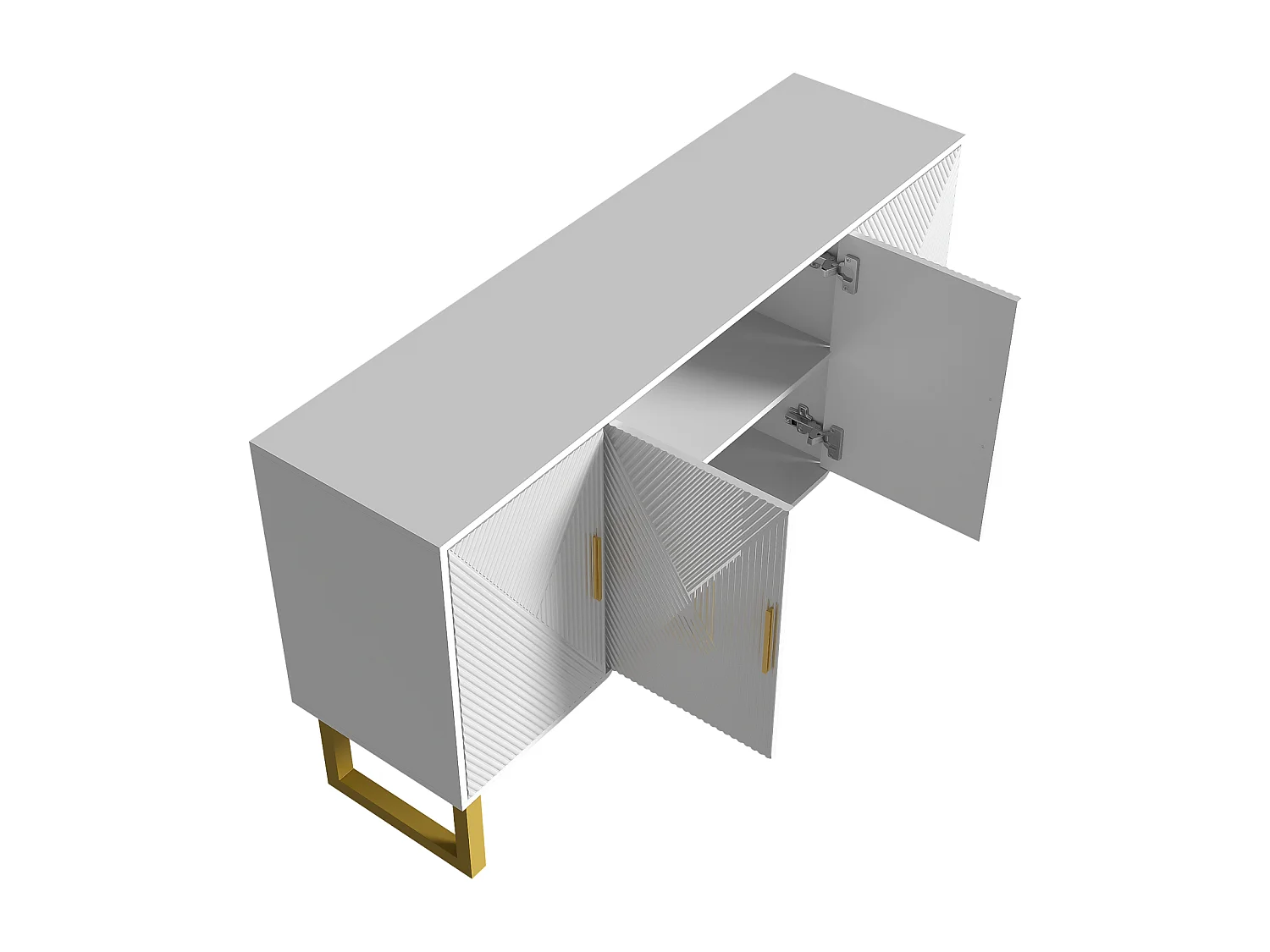 Aparador 150x40x82cm - Móvel com 4 portas texturadas brilhantes e puxadores dourados, prateleiras reguláveis ​​em altura - Branco