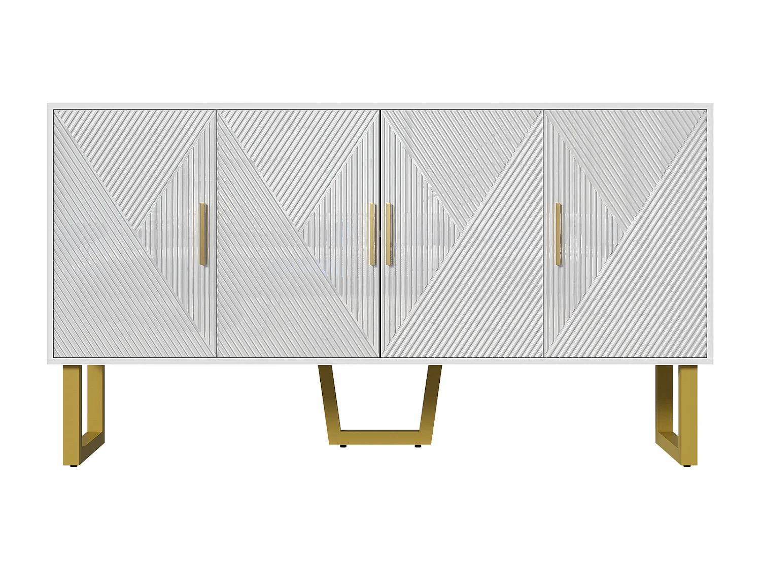 Aparador 150x40x82cm - Móvel com 4 portas texturadas brilhantes e puxadores dourados, prateleiras reguláveis ​​em altura - Branco