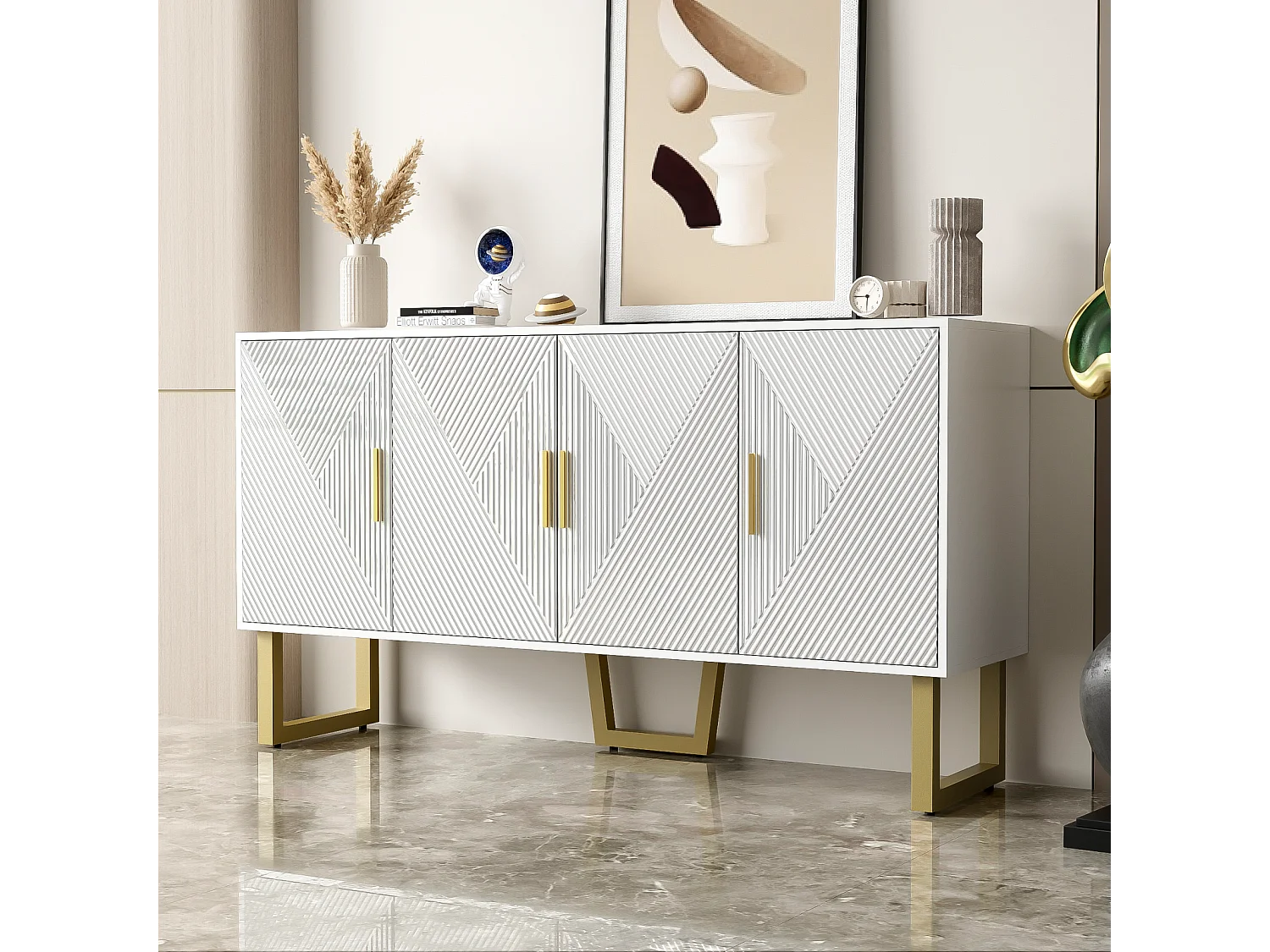 Dressoir 150x40x82cm - Kast met 4 glanzende structuurdeuren en gouden handgrepen, in hoogte verstelbare planken - Wit