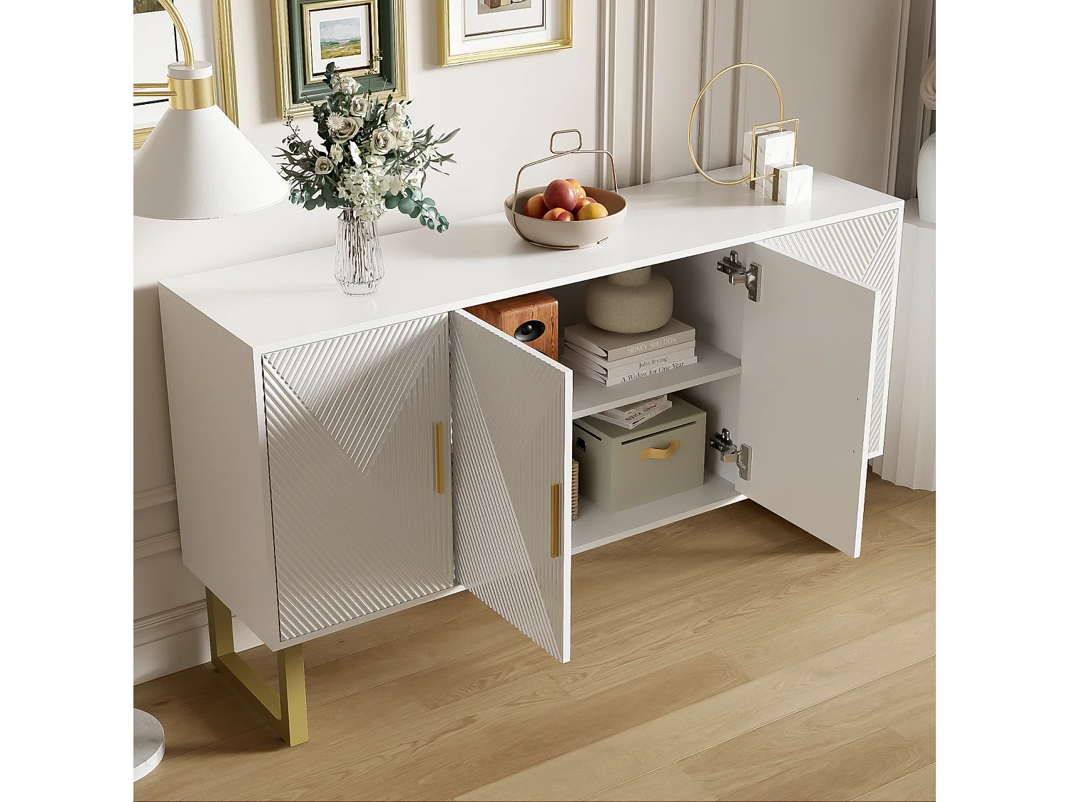 Dressoir 150x40x82cm - Kast met 4 glanzende structuurdeuren en gouden handgrepen, in hoogte verstelbare planken - Wit