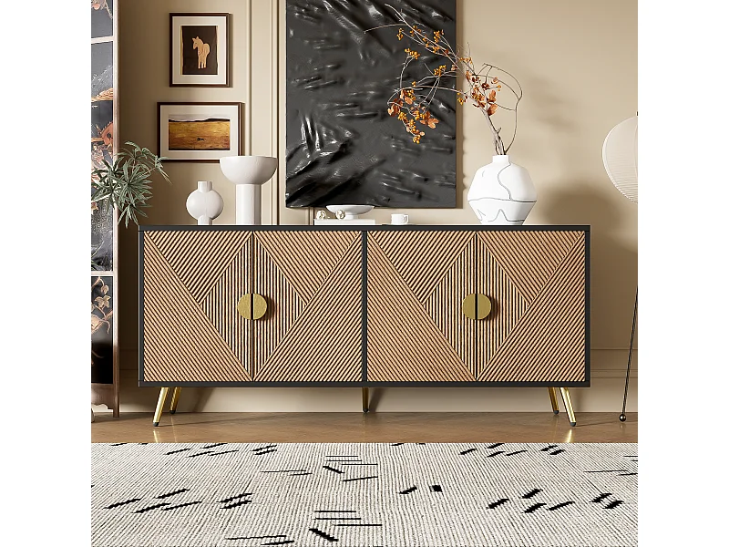 Aparador 160x40x75cm - Mueble con 4 puertas, tiradores dorados cepillados y patas de mesa brillantes - negro + veta de madera