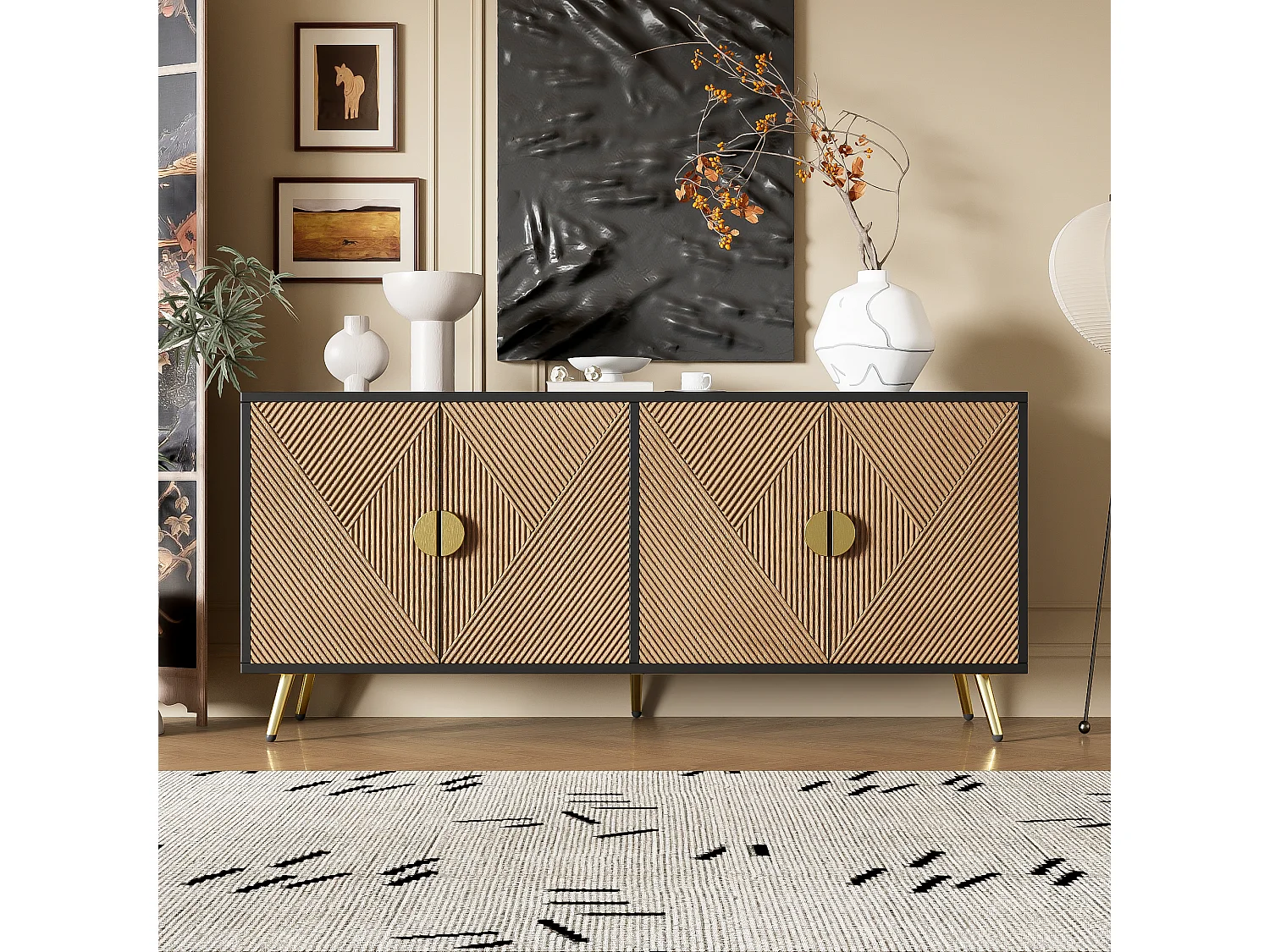 Buffet 160x40x75cm - Armoire avec 4 portes, poignées dorées brossées et pieds de table brillants - noir + grain de bois