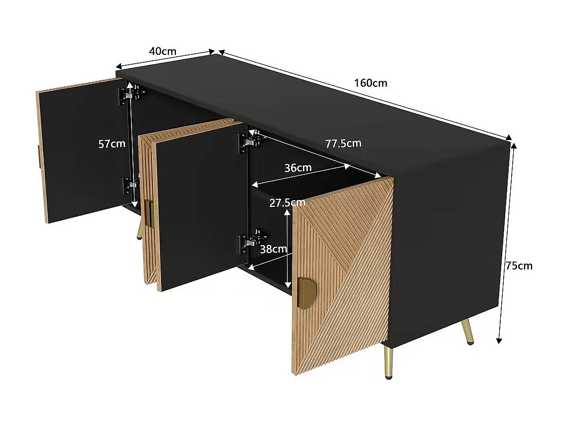 Buffet 160x40x75cm - Armoire avec 4 portes, poignées dorées brossées et pieds de table brillants - noir + grain de bois