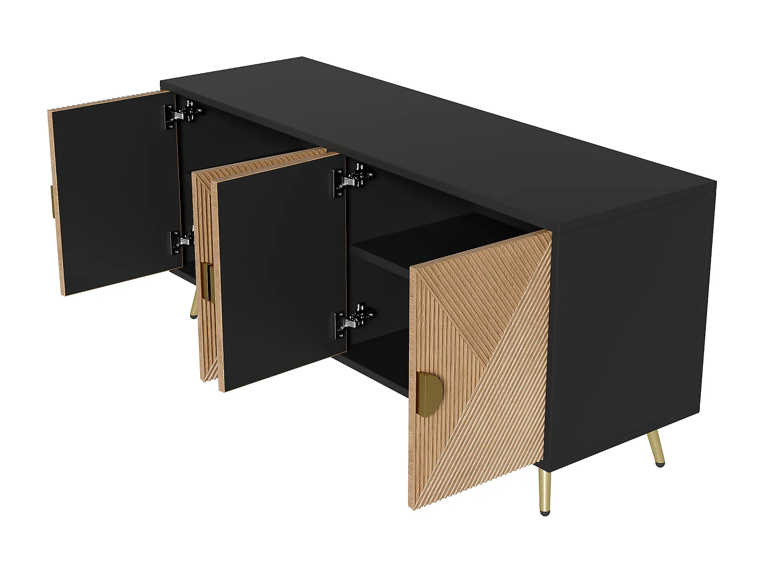 Buffet 160x40x75cm - Armoire avec 4 portes, poignées dorées brossées et pieds de table brillants - noir + grain de bois