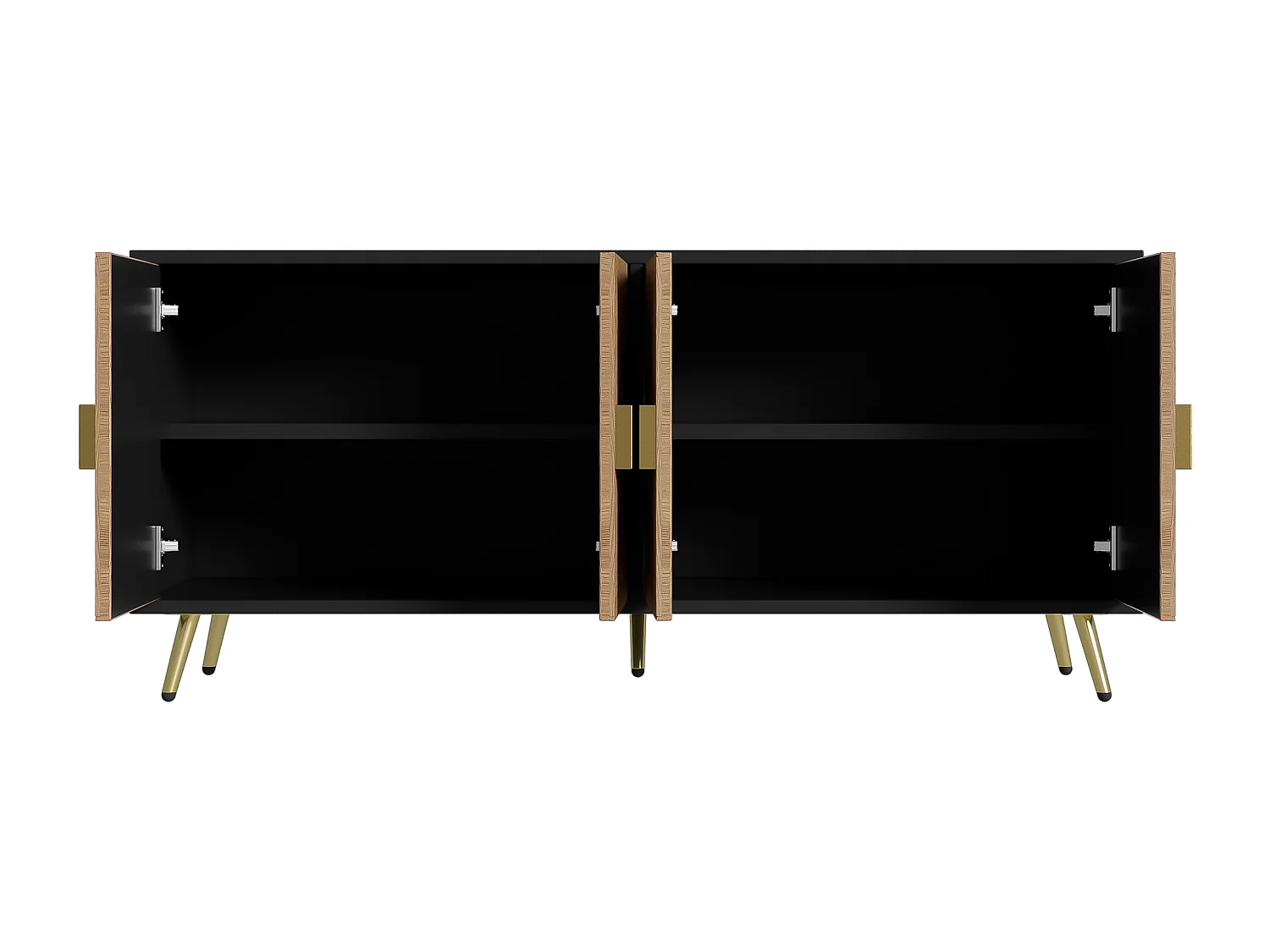 Buffet 160x40x75cm - Armoire avec 4 portes, poignées dorées brossées et pieds de table brillants - noir + grain de bois