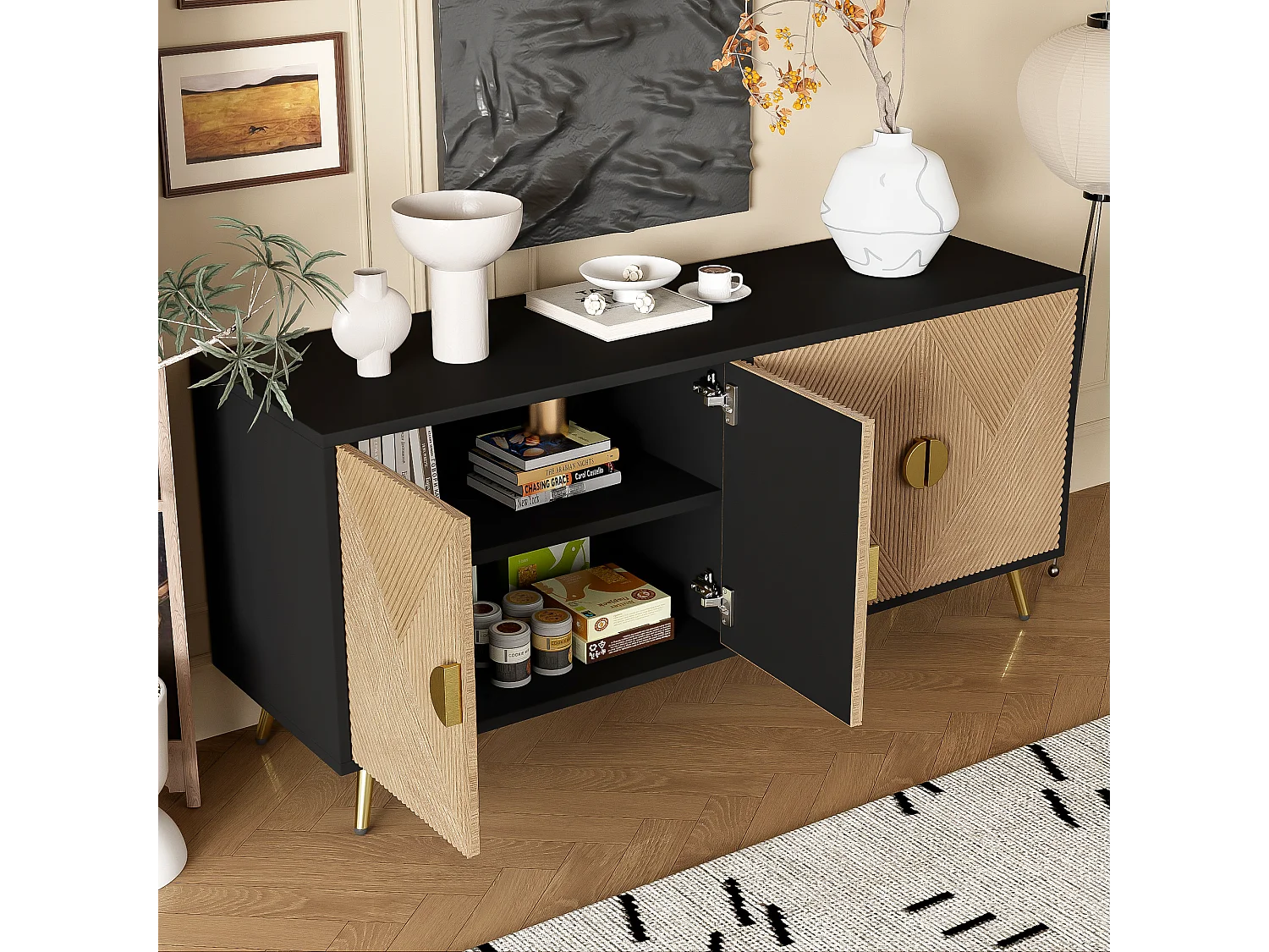 Buffet 160x40x75cm - Armoire avec 4 portes, poignées dorées brossées et pieds de table brillants - noir + grain de bois
