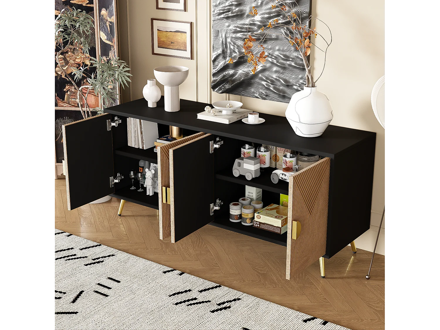 Buffet 160x40x75cm - Armoire avec 4 portes, poignées dorées brossées et pieds de table brillants - noir + grain de bois