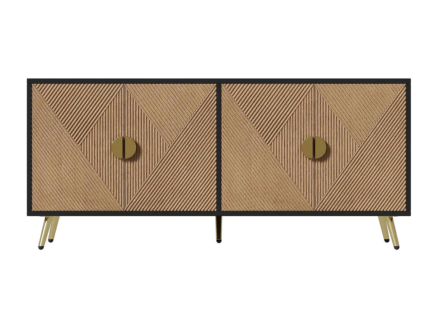 Buffet 160x40x75cm - Armoire avec 4 portes, poignées dorées brossées et pieds de table brillants - noir + grain de bois
