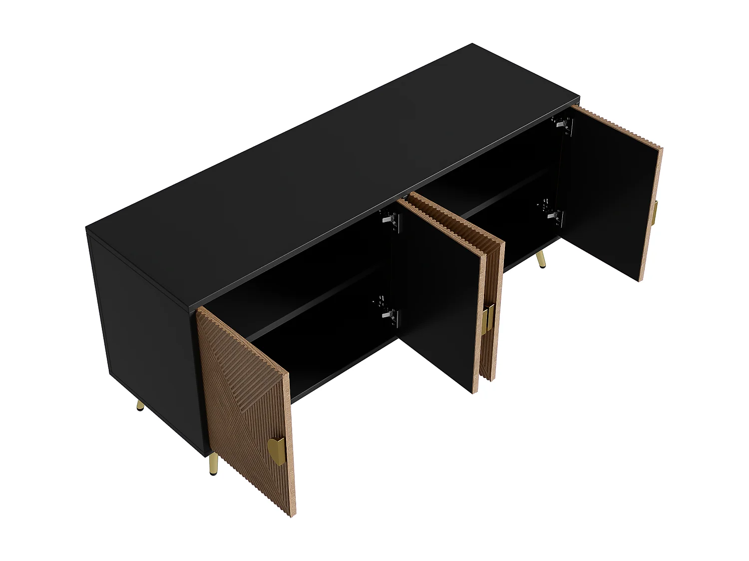 Buffet 160x40x75cm - Armoire avec 4 portes, poignées dorées brossées et pieds de table brillants - noir + grain de bois
