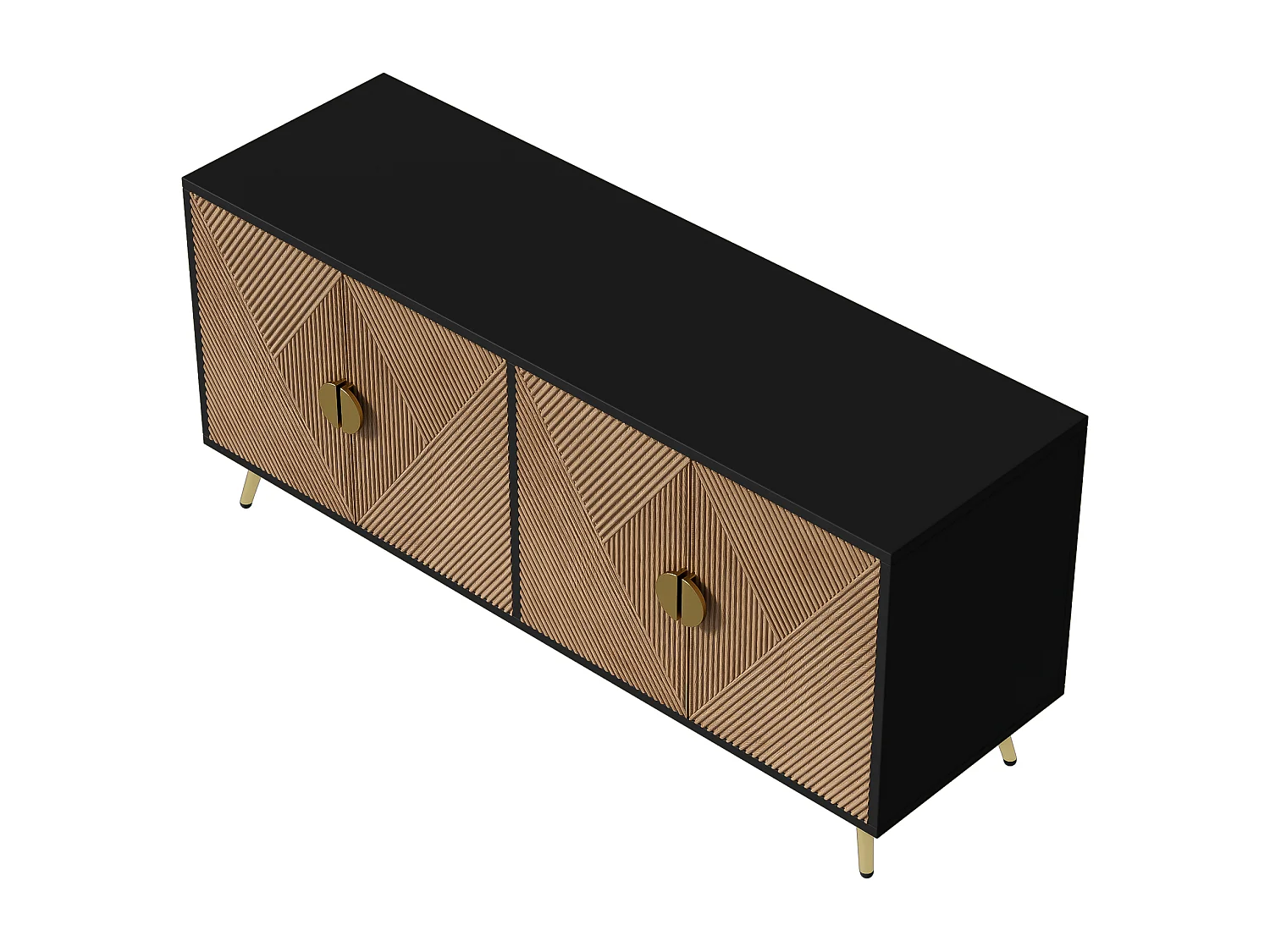 Buffet 160x40x75cm - Armoire avec 4 portes, poignées dorées brossées et pieds de table brillants - noir + grain de bois