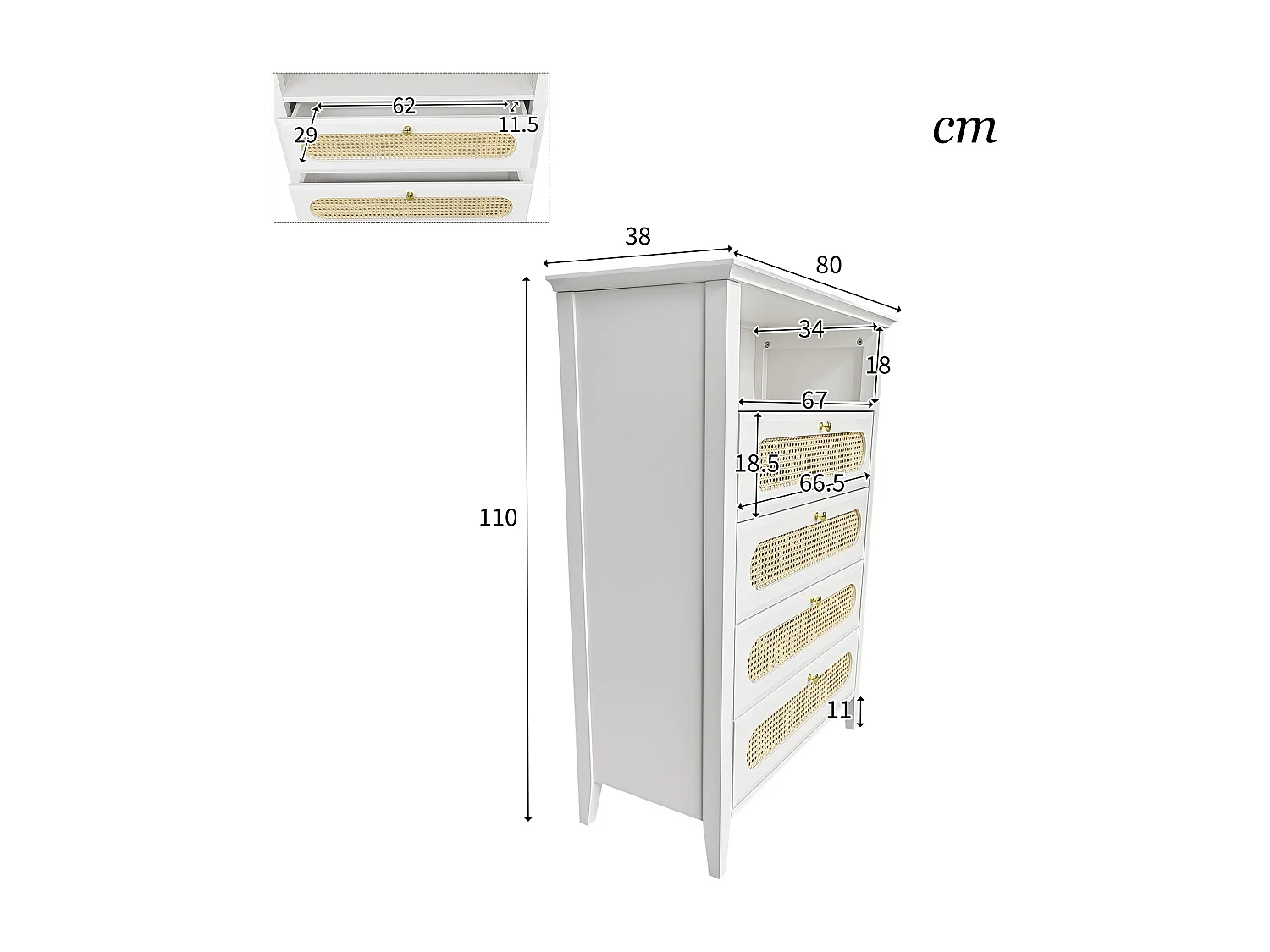 Commode en rotin, pieds en bois massif, surface laquée, 110x38x80cm, blanc