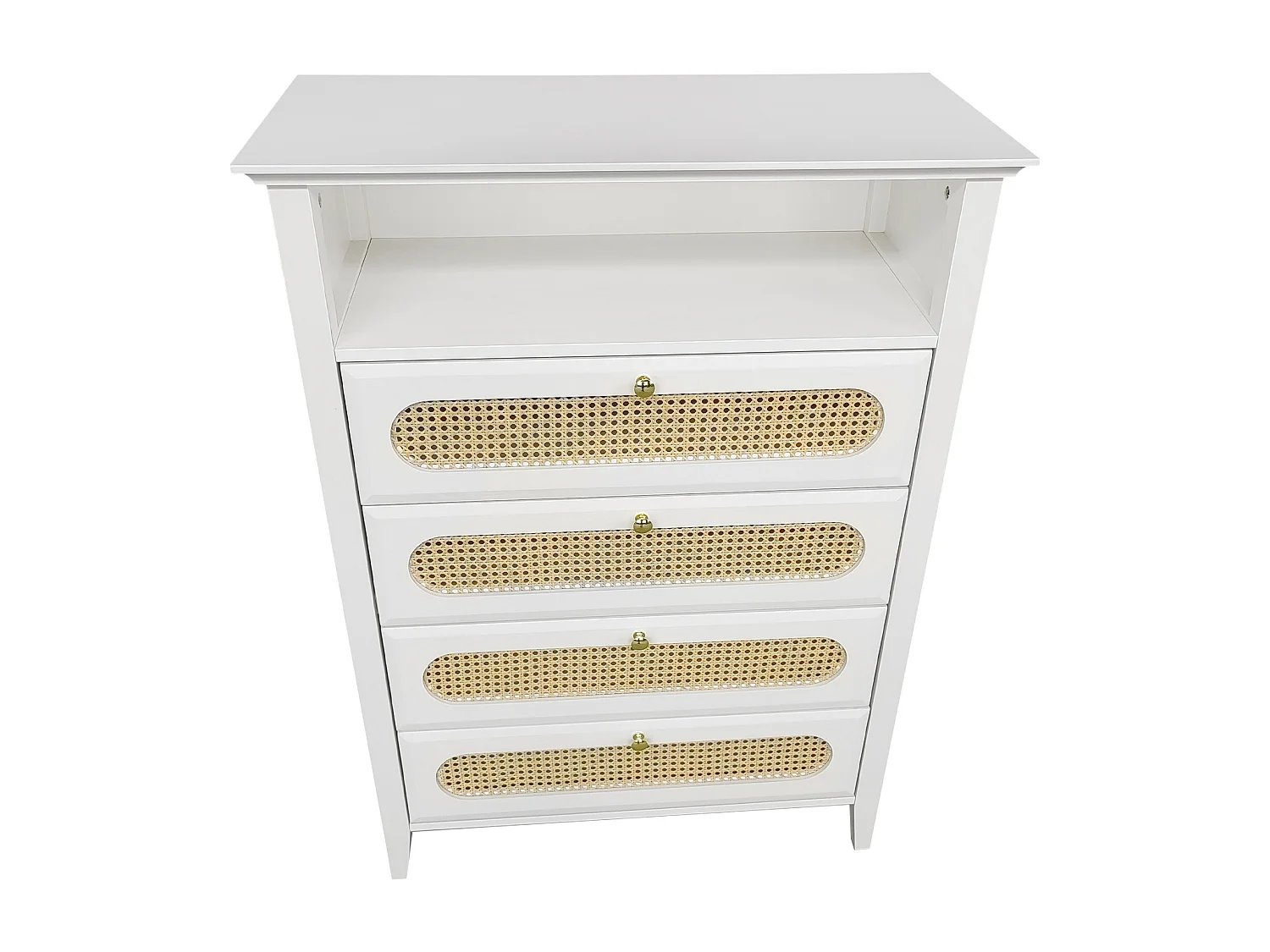 Commode en rotin, pieds en bois massif, surface laquée, 110x38x80cm, blanc