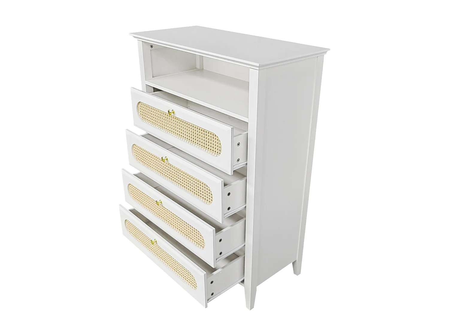 Commode en rotin, pieds en bois massif, surface laquée, 110x38x80cm, blanc