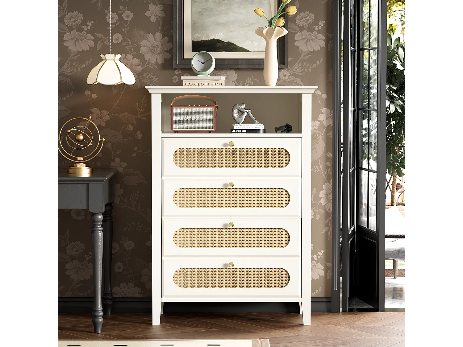 Commode en rotin, pieds en bois massif, surface laquée, 110x38x80cm, blanc