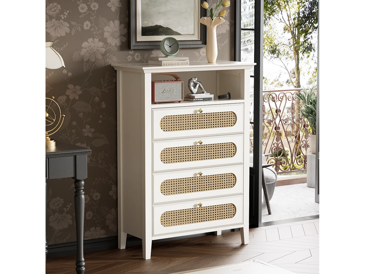 Commode en rotin, pieds en bois massif, surface laquée, 110x38x80cm, blanc