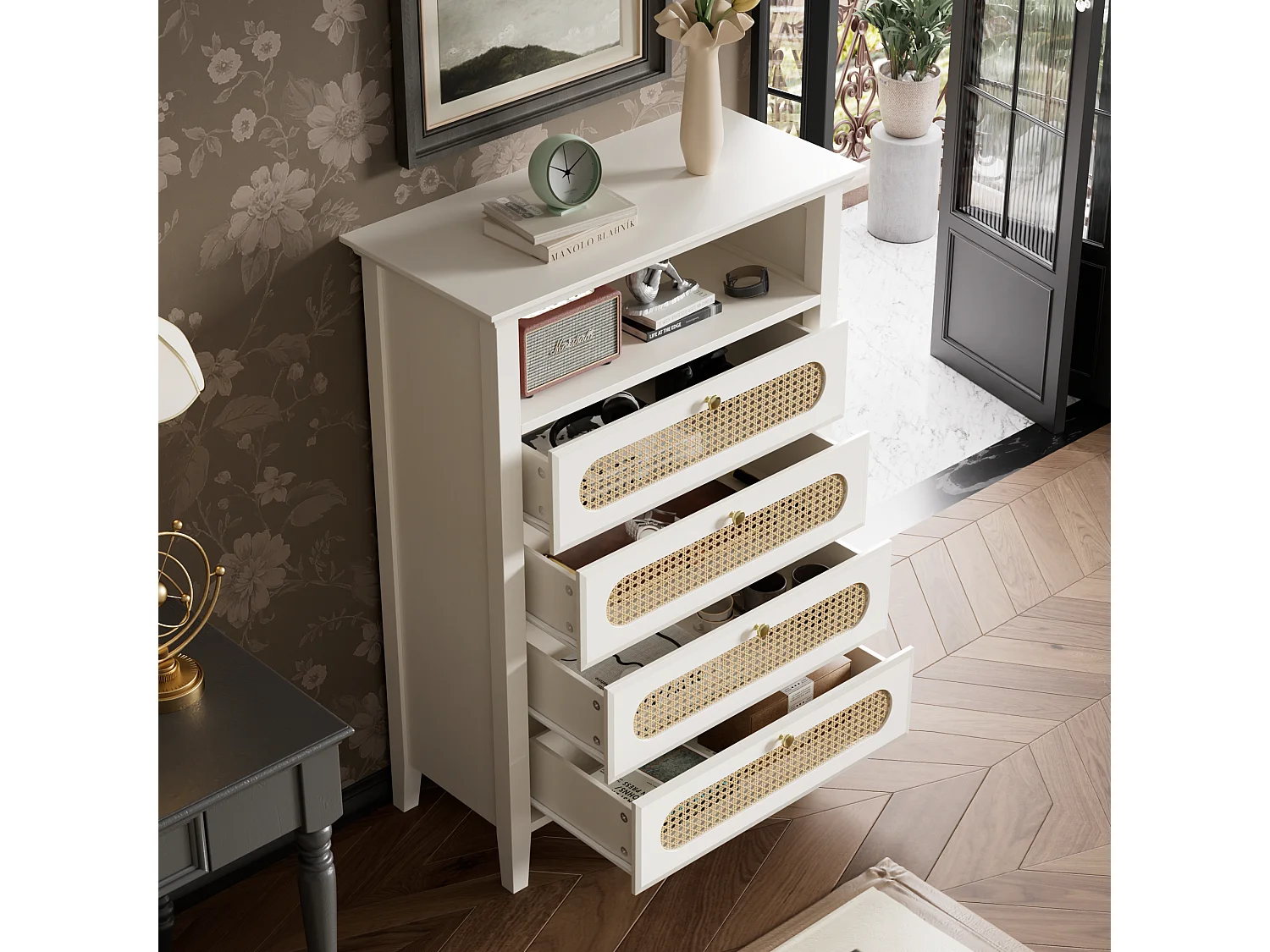 Commode en rotin, pieds en bois massif, surface laquée, 110x38x80cm, blanc