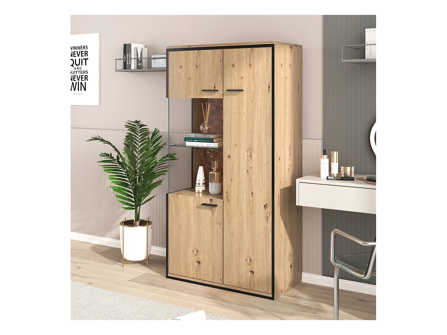 Vitrine LED 150x78x40cm - avec grand espace de rangement porte en verre - meuble de présentation - naturel bois