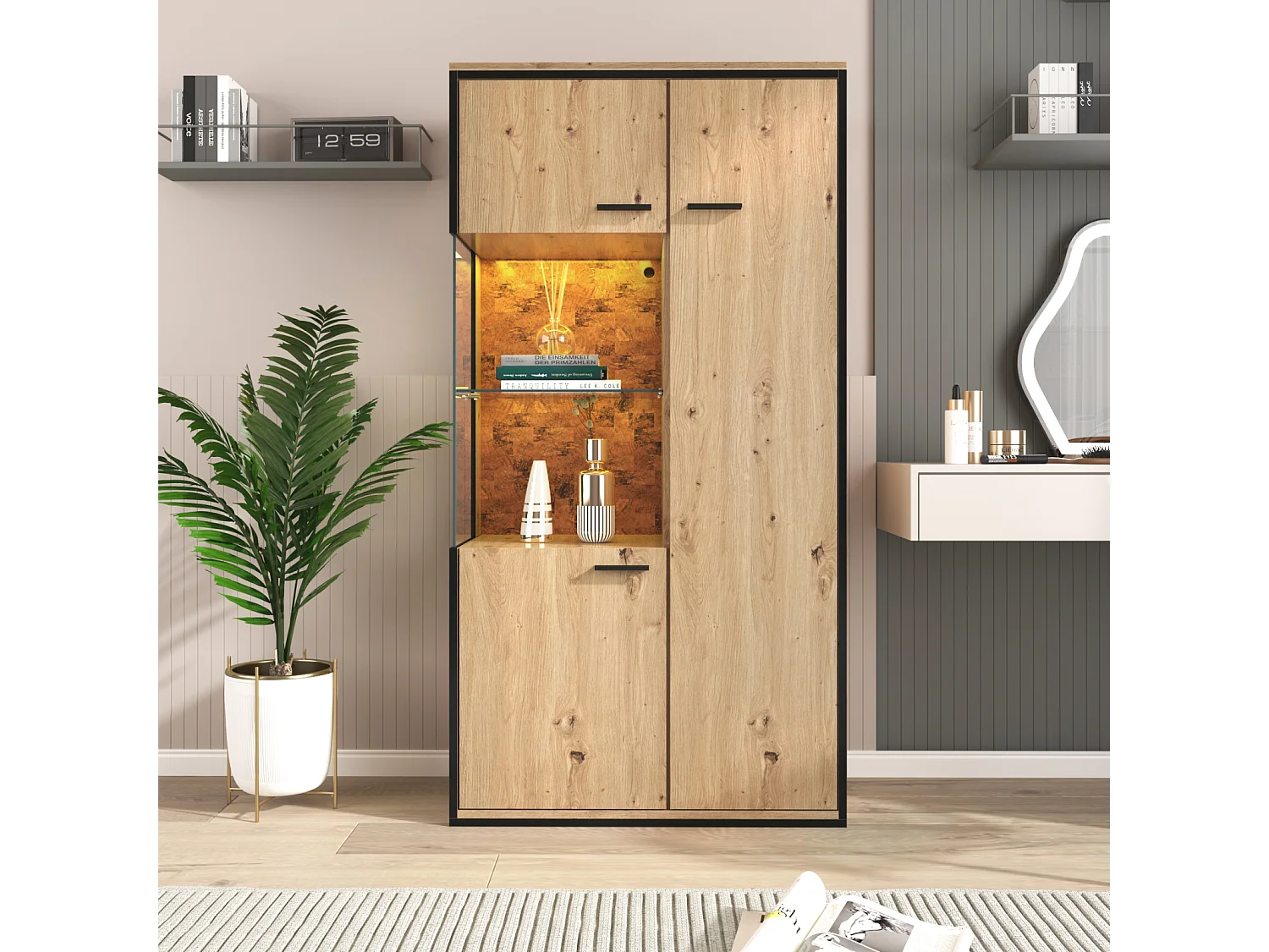 LED Vitrine 150x78x40cm - mit großem Stauraum Glastür - Präsentationsmöbel - Holz natur