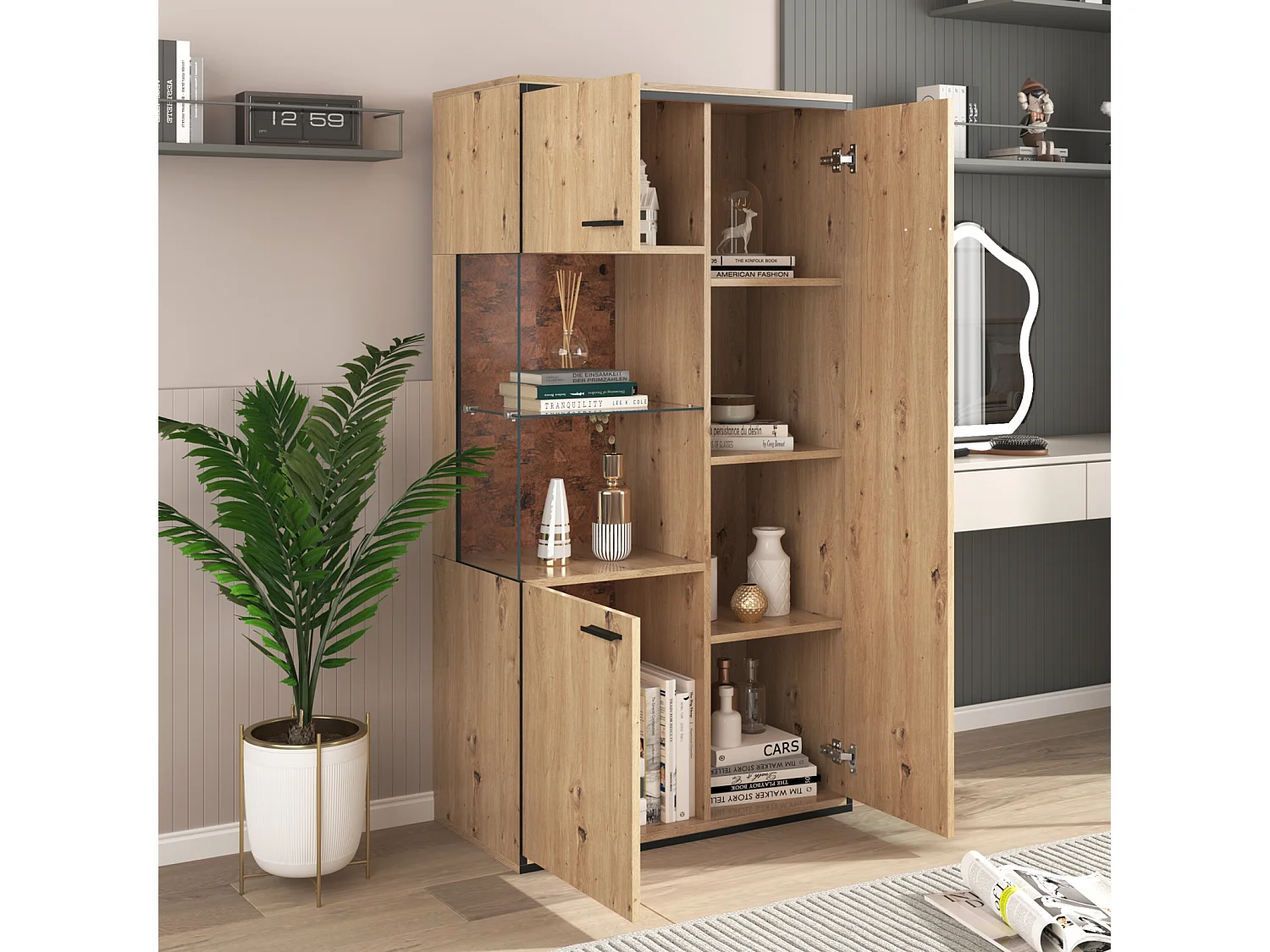 LED Vitrine 150x78x40cm - mit großem Stauraum Glastür - Präsentationsmöbel - Holz natur