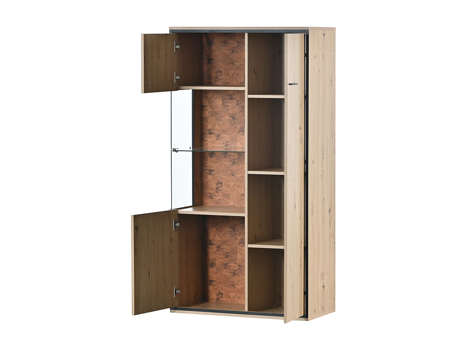 LED Vitrine 150x78x40cm - mit großem Stauraum Glastür - Präsentationsmöbel - Holz natur