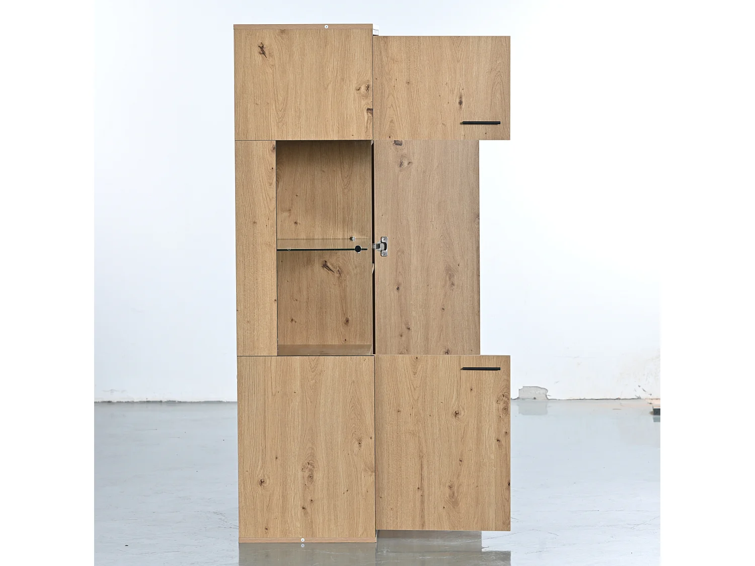 LED Vitrine 150x78x40cm - mit großem Stauraum Glastür - Präsentationsmöbel - Holz natur