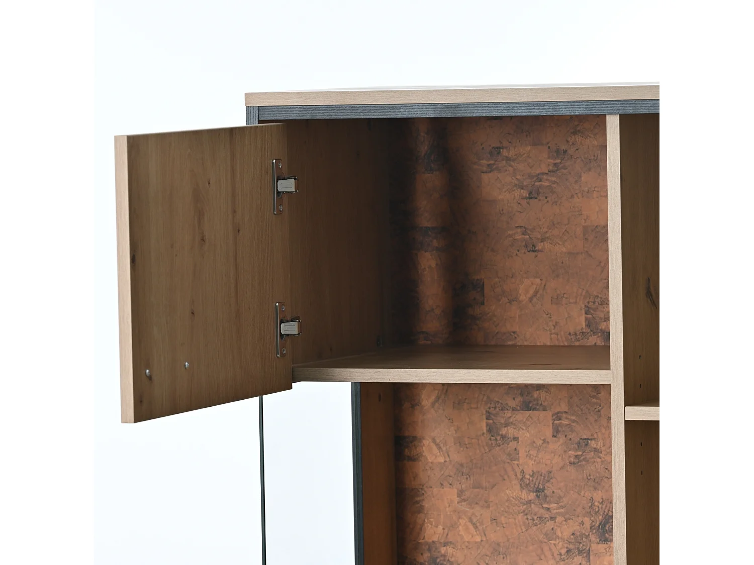 LED Vitrine 150x78x40cm - mit großem Stauraum Glastür - Präsentationsmöbel - Holz natur