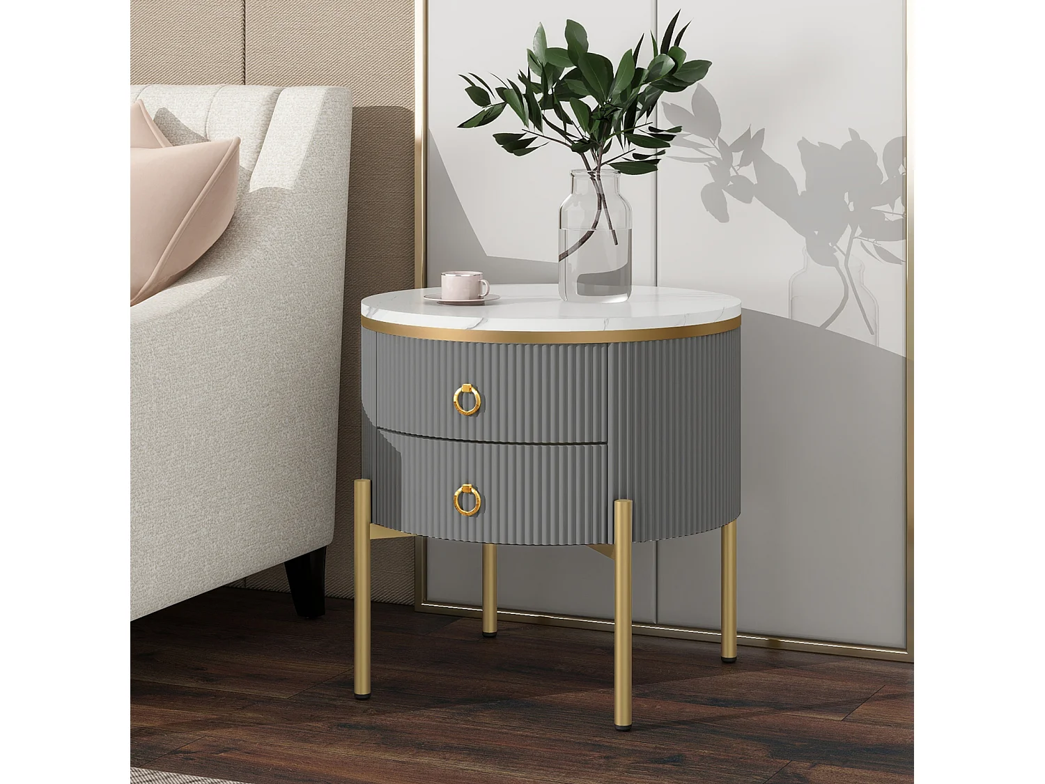 Table basse ronde 50x50x51cm - Table d'appoint avec finition spéciale, structure en marbre, pieds et poignées dorés - Gris