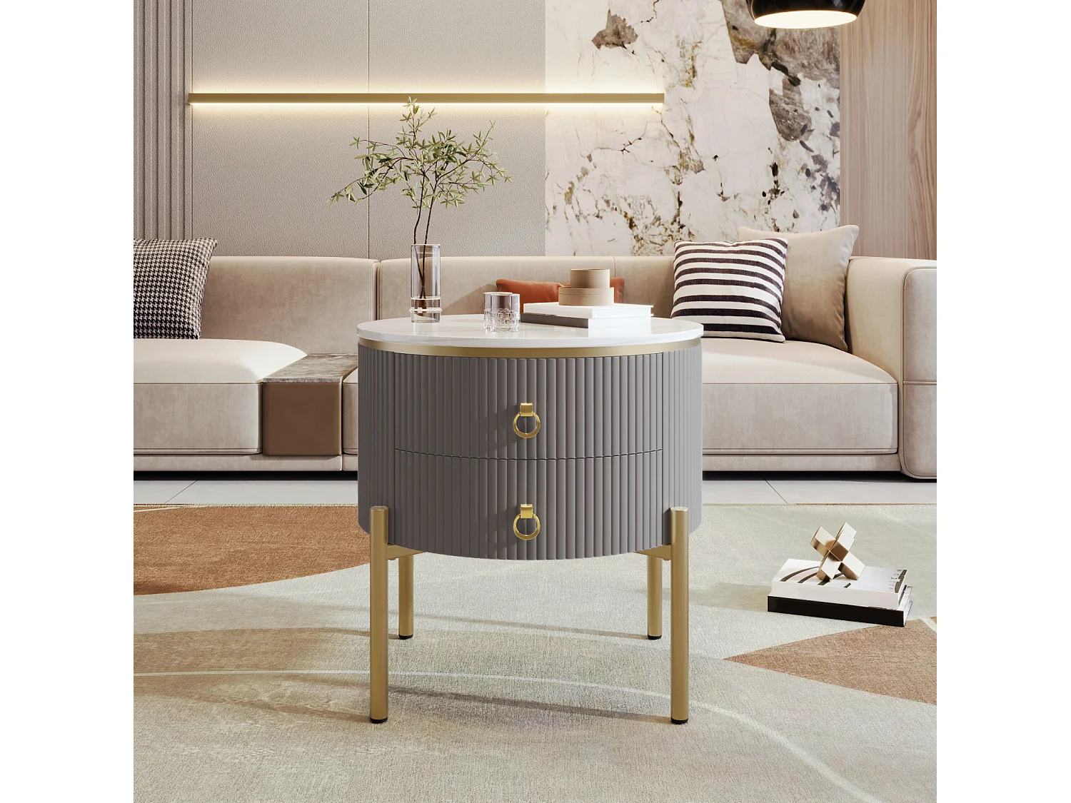 Table basse ronde 50x50x51cm - Table d'appoint avec finition spéciale, structure en marbre, pieds et poignées dorés - Gris