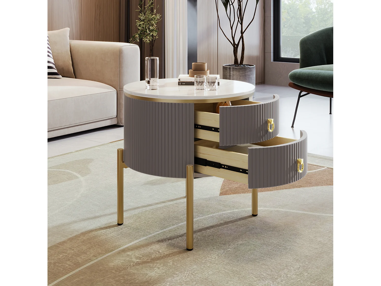 Table basse ronde 50x50x51cm - Table d'appoint avec finition spéciale, structure en marbre, pieds et poignées dorés - Gris