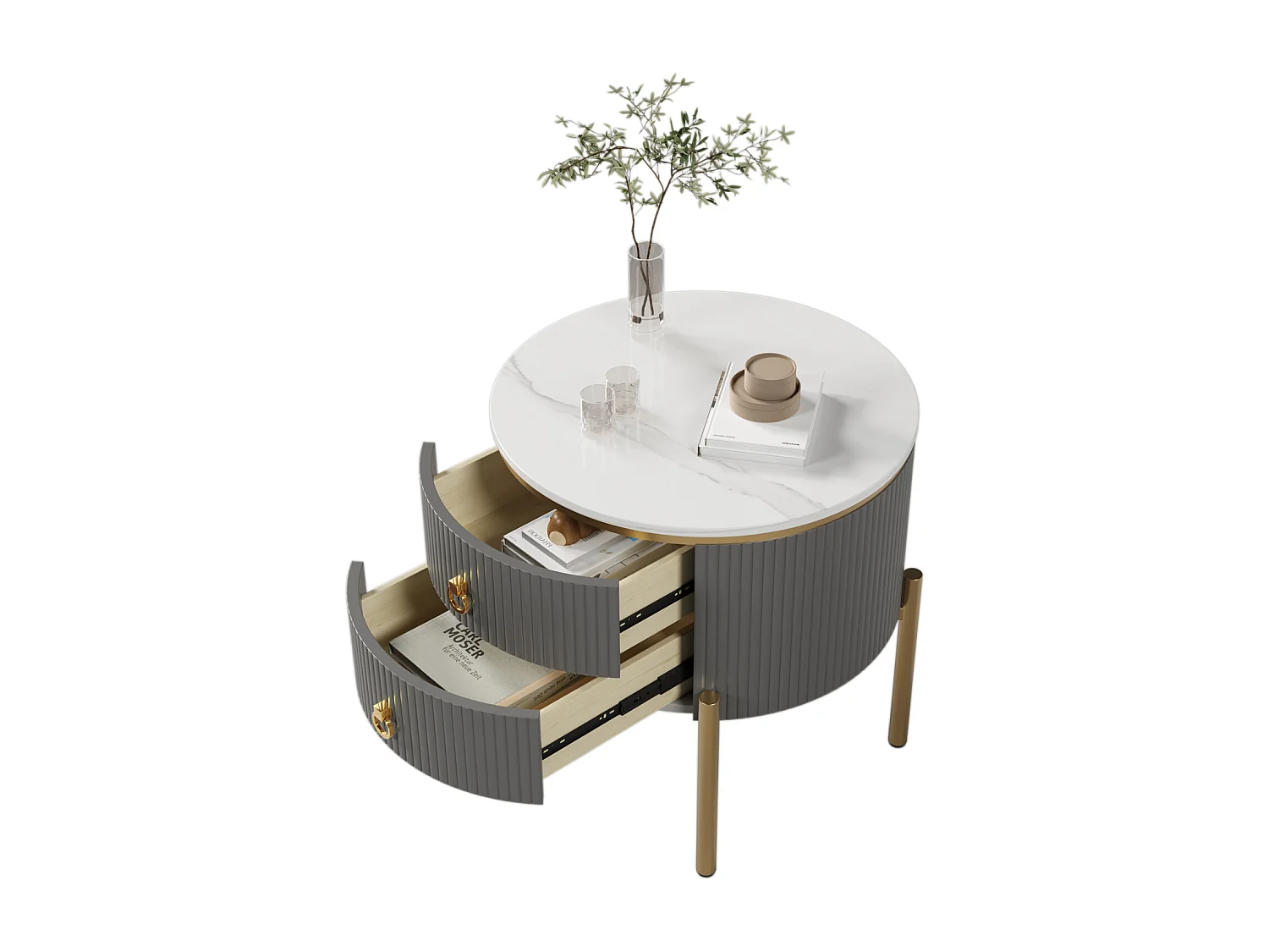 Table basse ronde 50x50x51cm - Table d'appoint avec finition spéciale, structure en marbre, pieds et poignées dorés - Gris