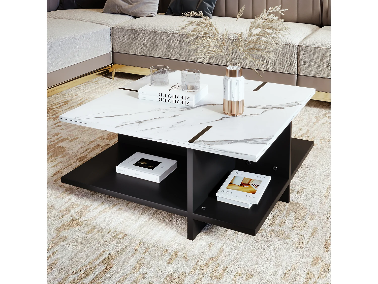 Mesa de centro quadrada 72x72x32cm - moderna e minimalista, aspeto mármore branco - MDF preto + branco