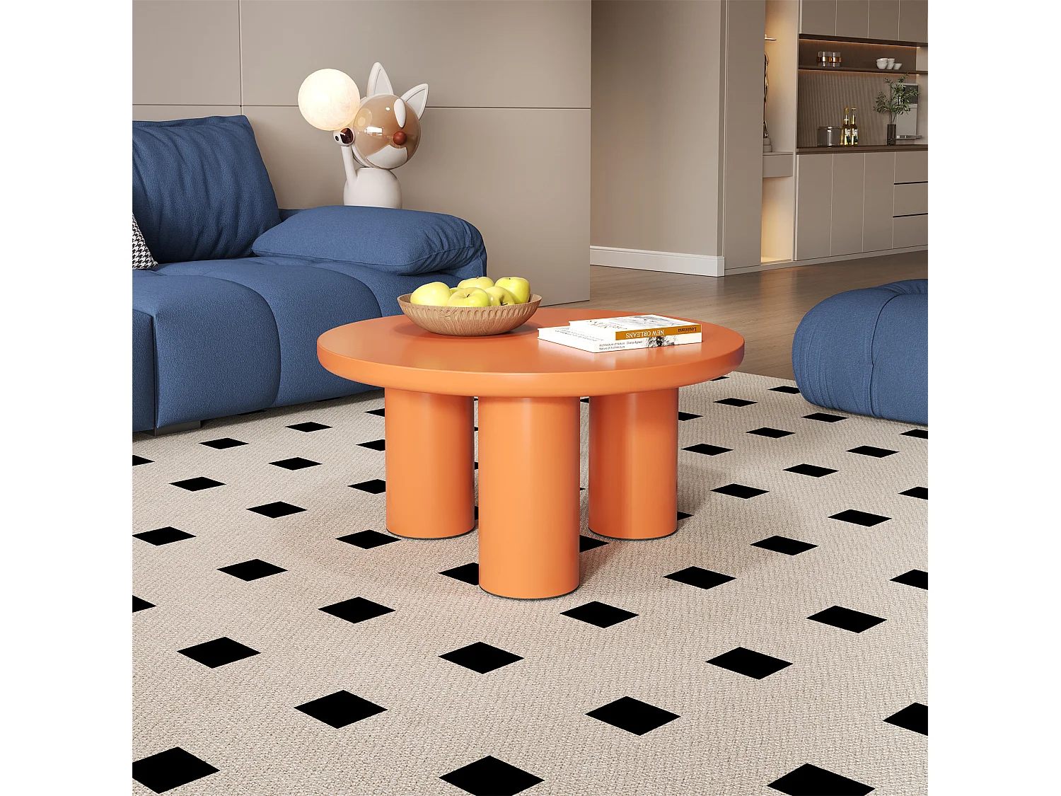 Tavolino rotondo, diametro 72,2 cm, altezza 35,35 cm, piano in MDF verniciato e gambe in PVC arancione