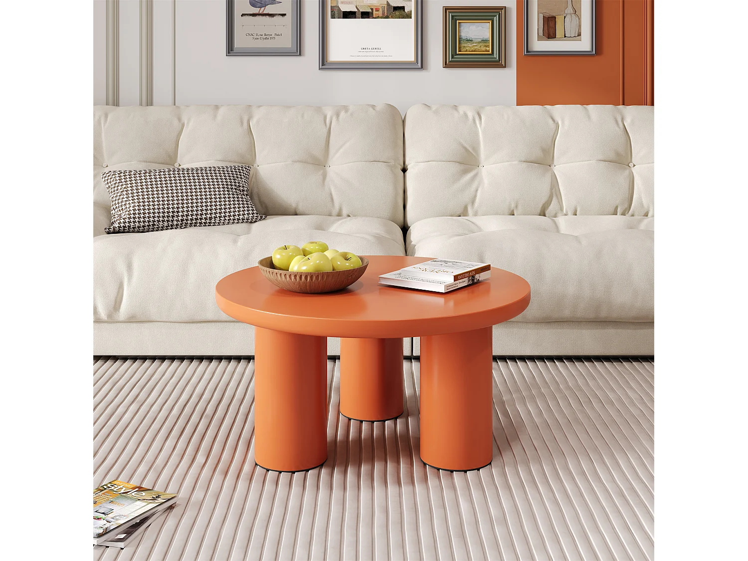 Tavolino rotondo, diametro 72,2 cm, altezza 35,35 cm, piano in MDF verniciato e gambe in PVC arancione