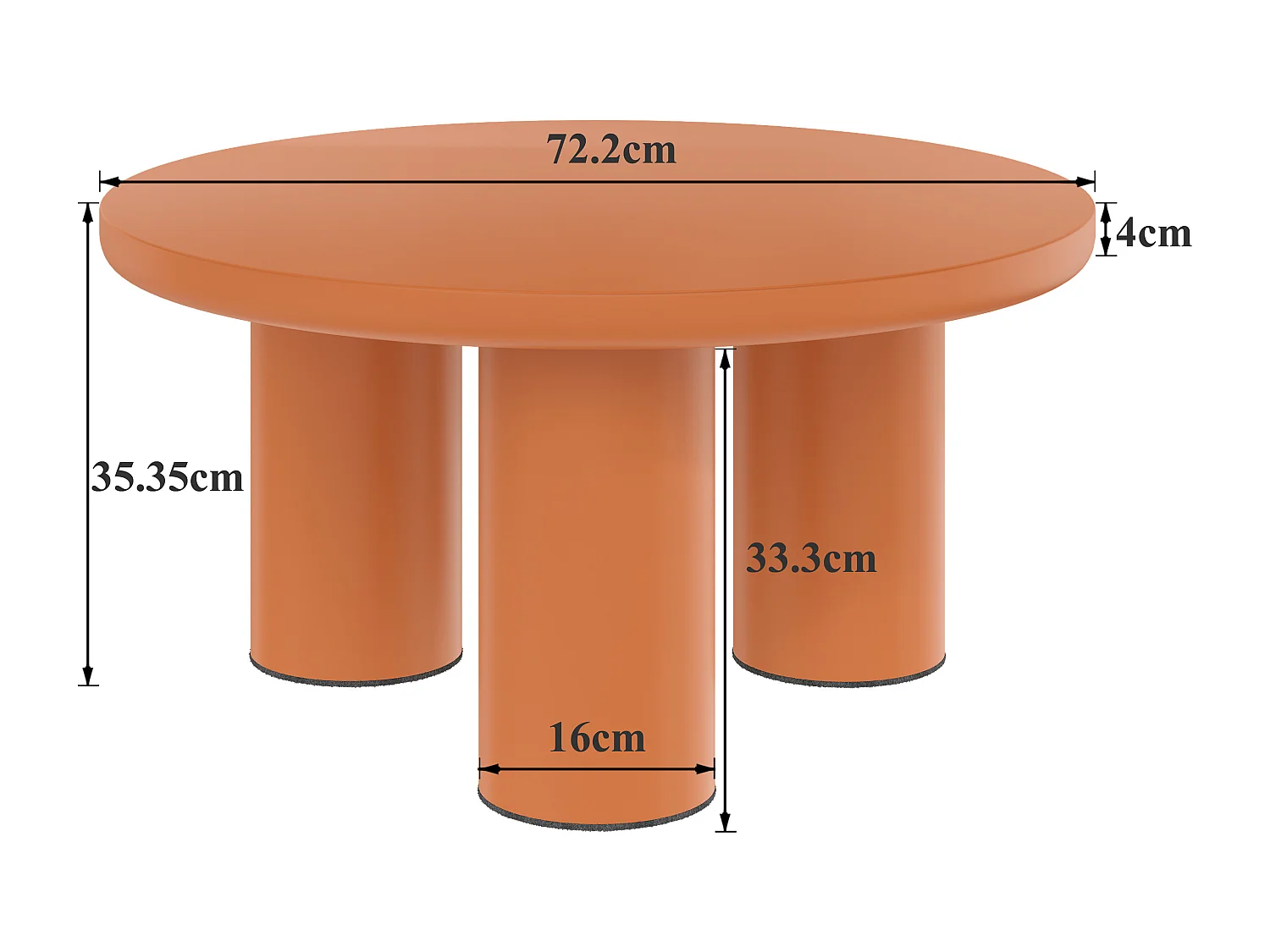 Tavolino rotondo, diametro 72,2 cm, altezza 35,35 cm, piano in MDF verniciato e gambe in PVC arancione