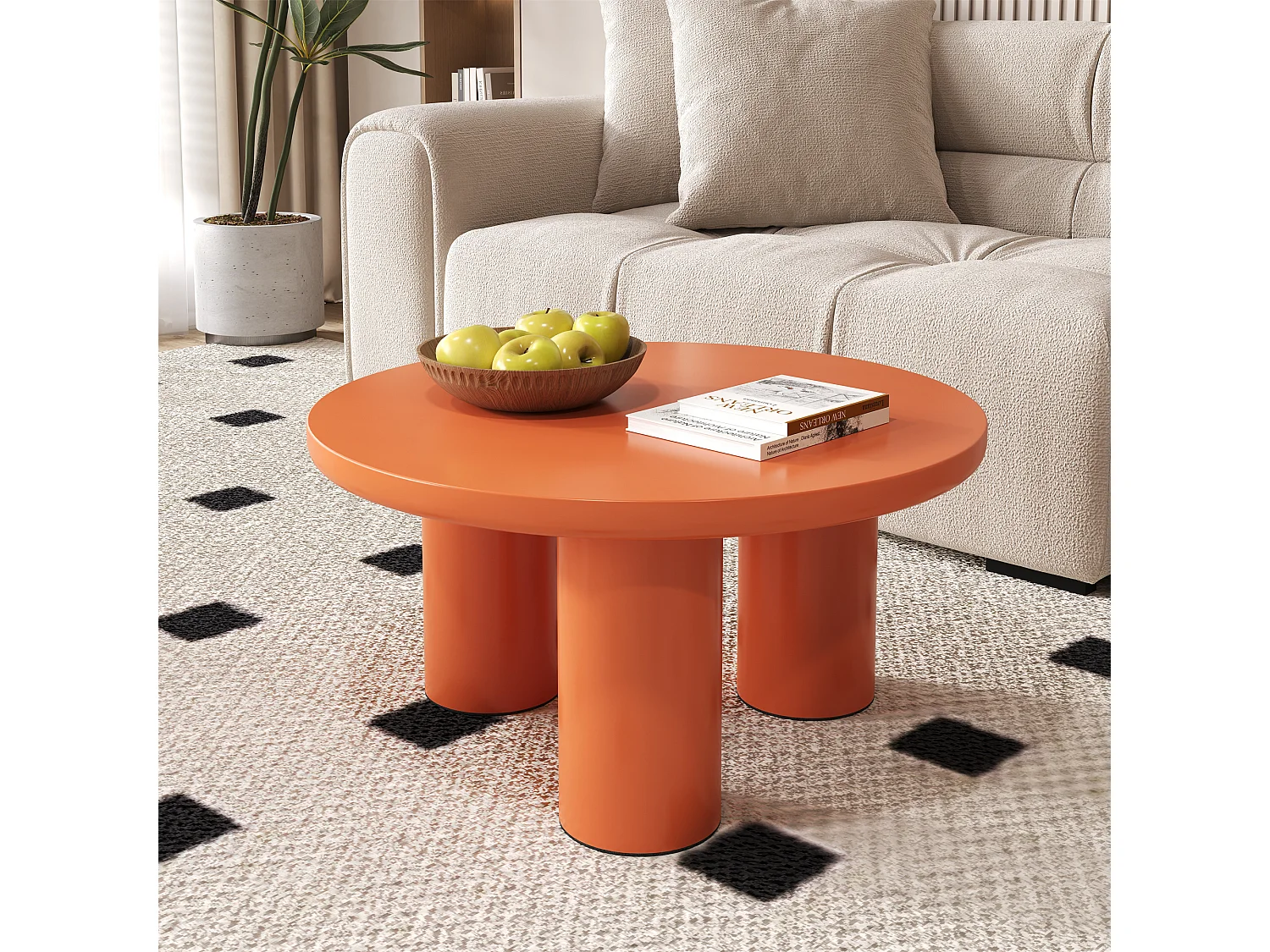 Tavolino rotondo, diametro 72,2 cm, altezza 35,35 cm, piano in MDF verniciato e gambe in PVC arancione
