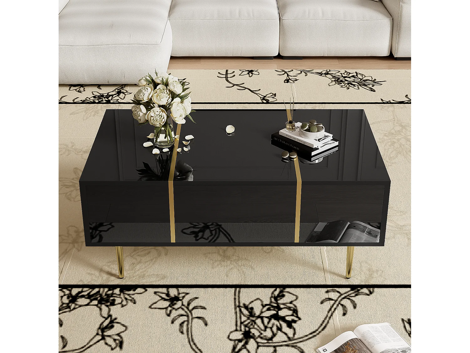 Table basse brillante avec 2 tiroirs, pieds en métal, moderne et simple, table de salon, table d'appoint de balcon noir