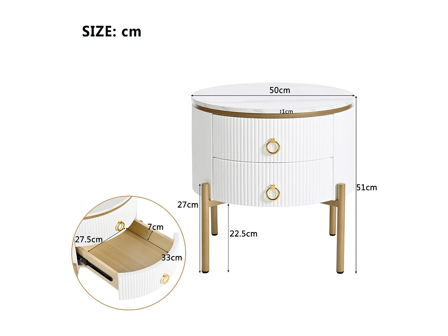 Ronde salontafel 50x50x51cm - Bijzettafel met speciale afwerking, marmeren structuur, gouden poten en handgrepen - Wit