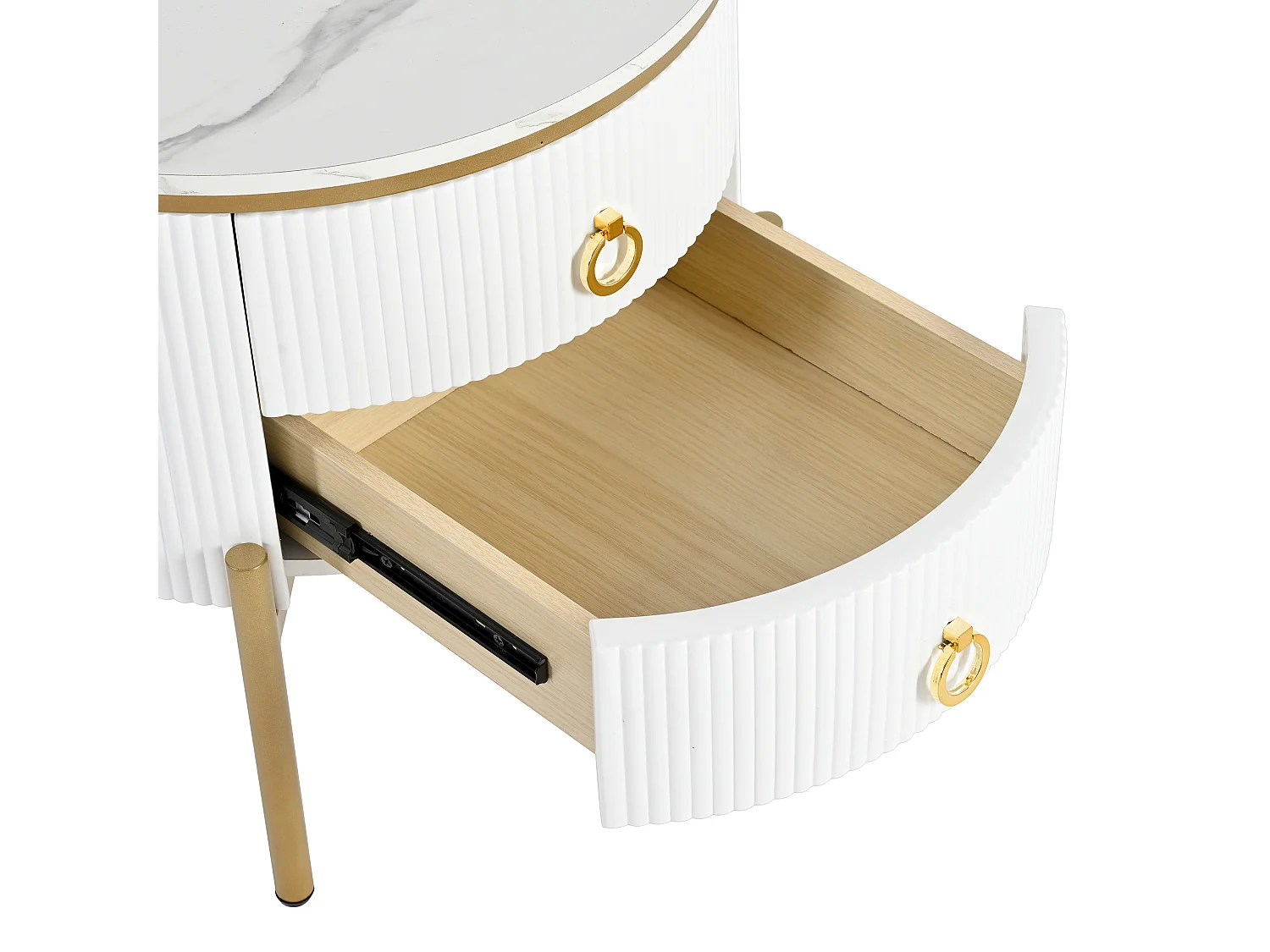 Ronde salontafel 50x50x51cm - Bijzettafel met speciale afwerking, marmeren structuur, gouden poten en handgrepen - Wit