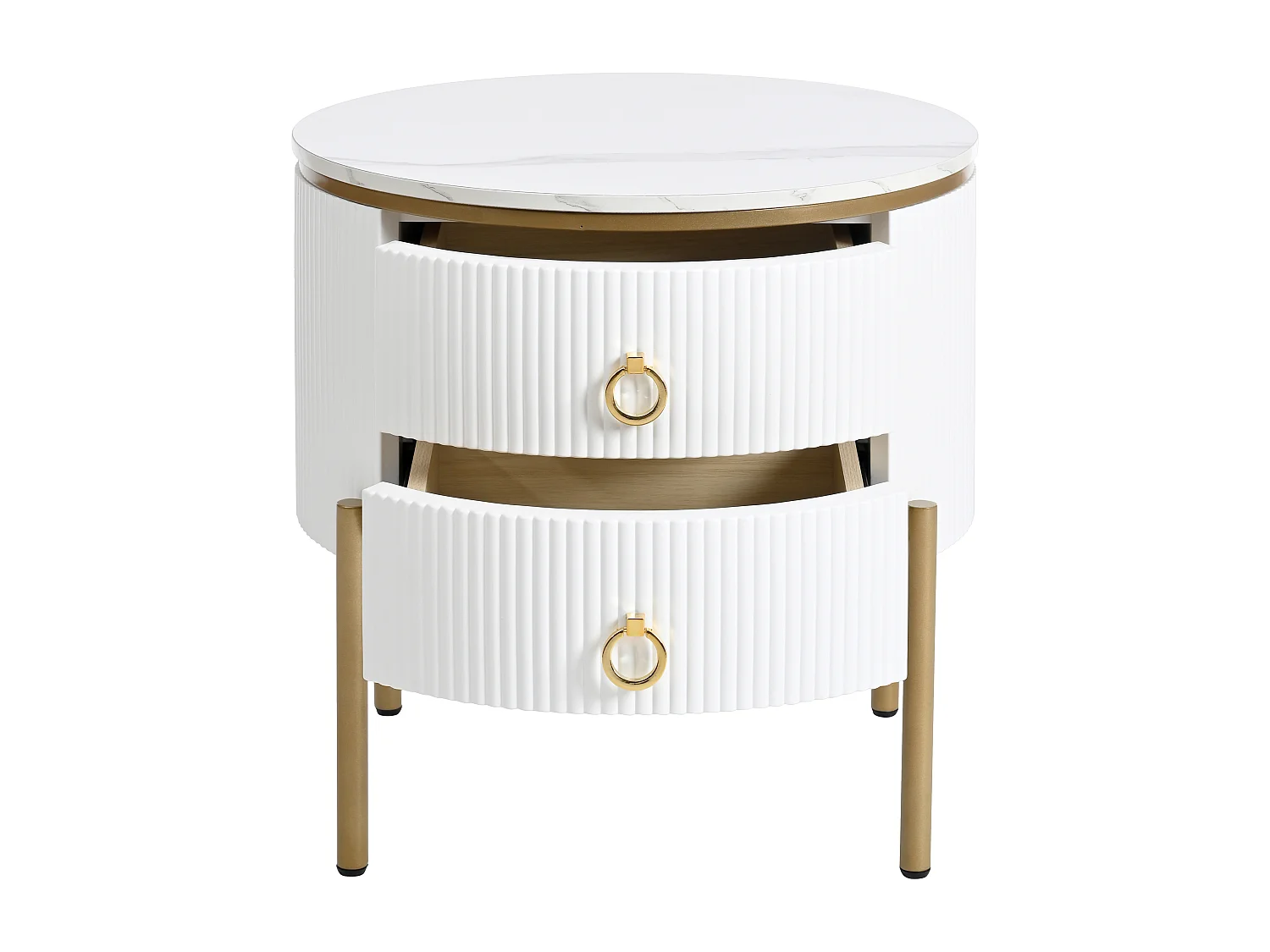 Ronde salontafel 50x50x51cm - Bijzettafel met speciale afwerking, marmeren structuur, gouden poten en handgrepen - Wit