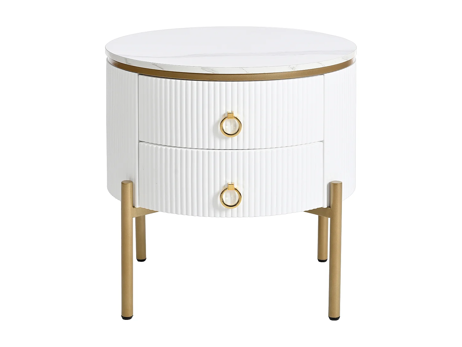 Ronde salontafel 50x50x51cm - Bijzettafel met speciale afwerking, marmeren structuur, gouden poten en handgrepen - Wit