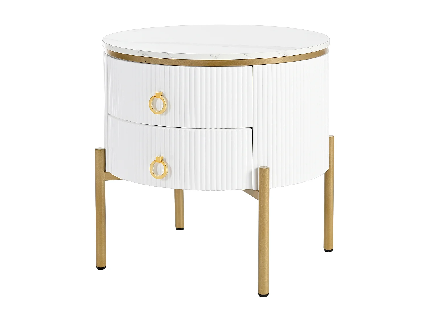 Ronde salontafel 50x50x51cm - Bijzettafel met speciale afwerking, marmeren structuur, gouden poten en handgrepen - Wit