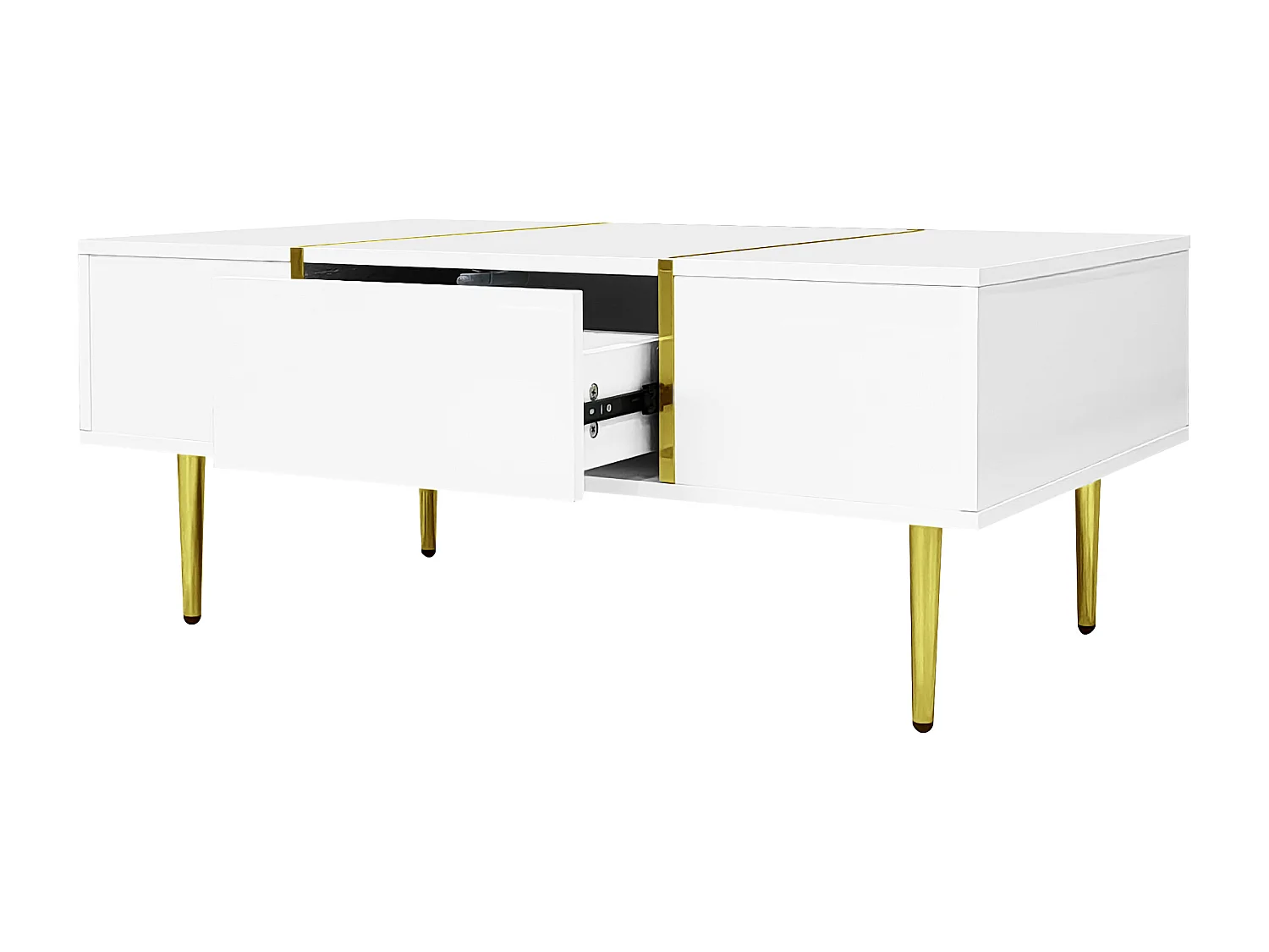 Glanzende salontafel met 2 lades, metalen poten, modern en eenvoudig, woonkamertafel, witte balkon-bijzettafel