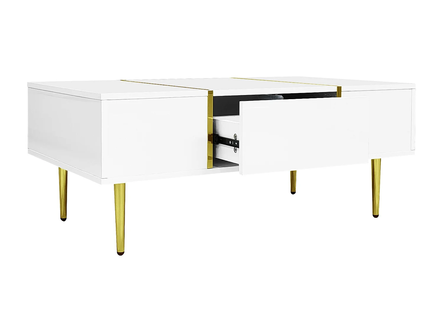 Glanzende salontafel met 2 lades, metalen poten, modern en eenvoudig, woonkamertafel, witte balkon-bijzettafel